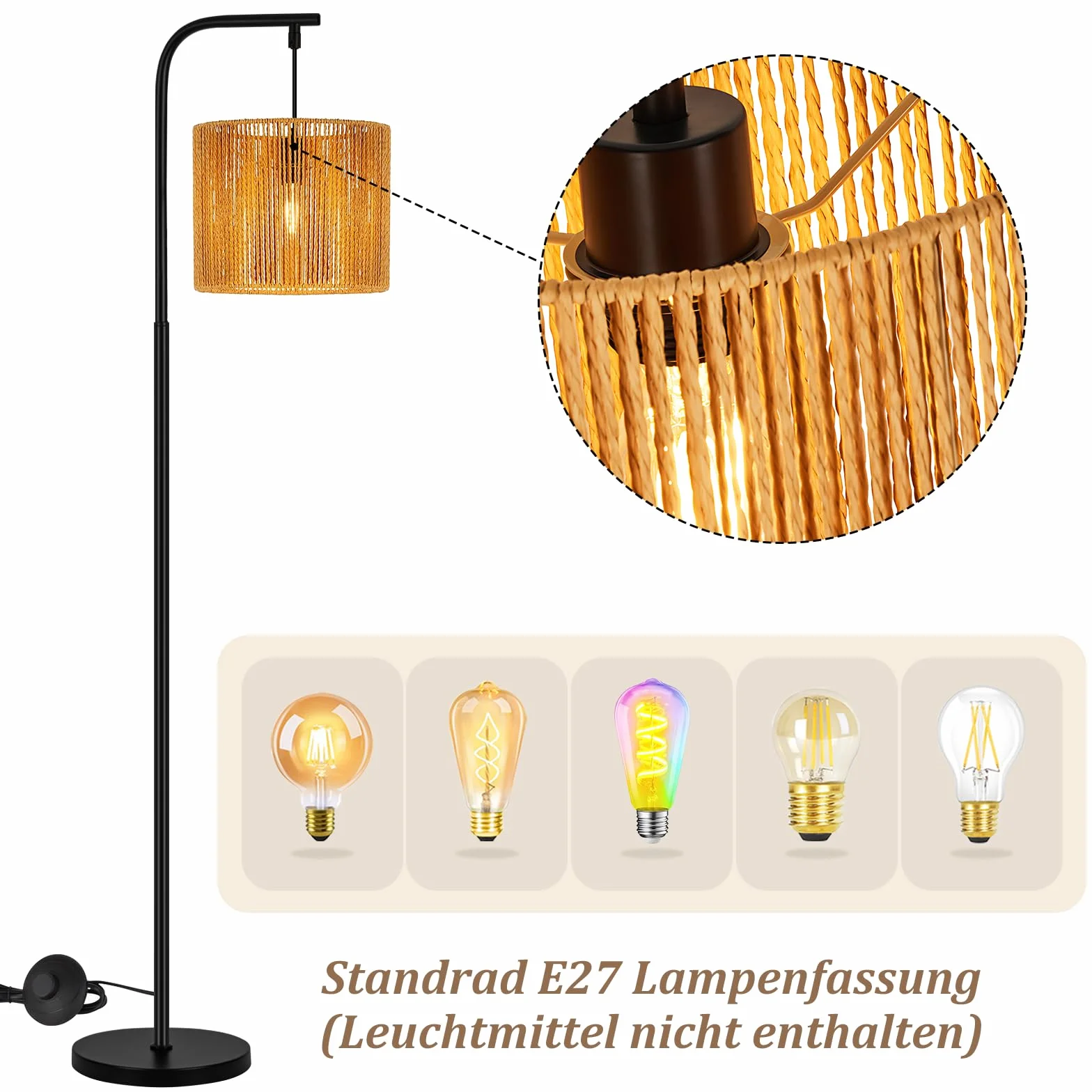 lampa podłogowa boho nowoczesna łukowa konstrukcja z czarnym | linowym abażurem włącznik nożny gniazdo E27 Idealna do salonu sypialni biura czy tarasu