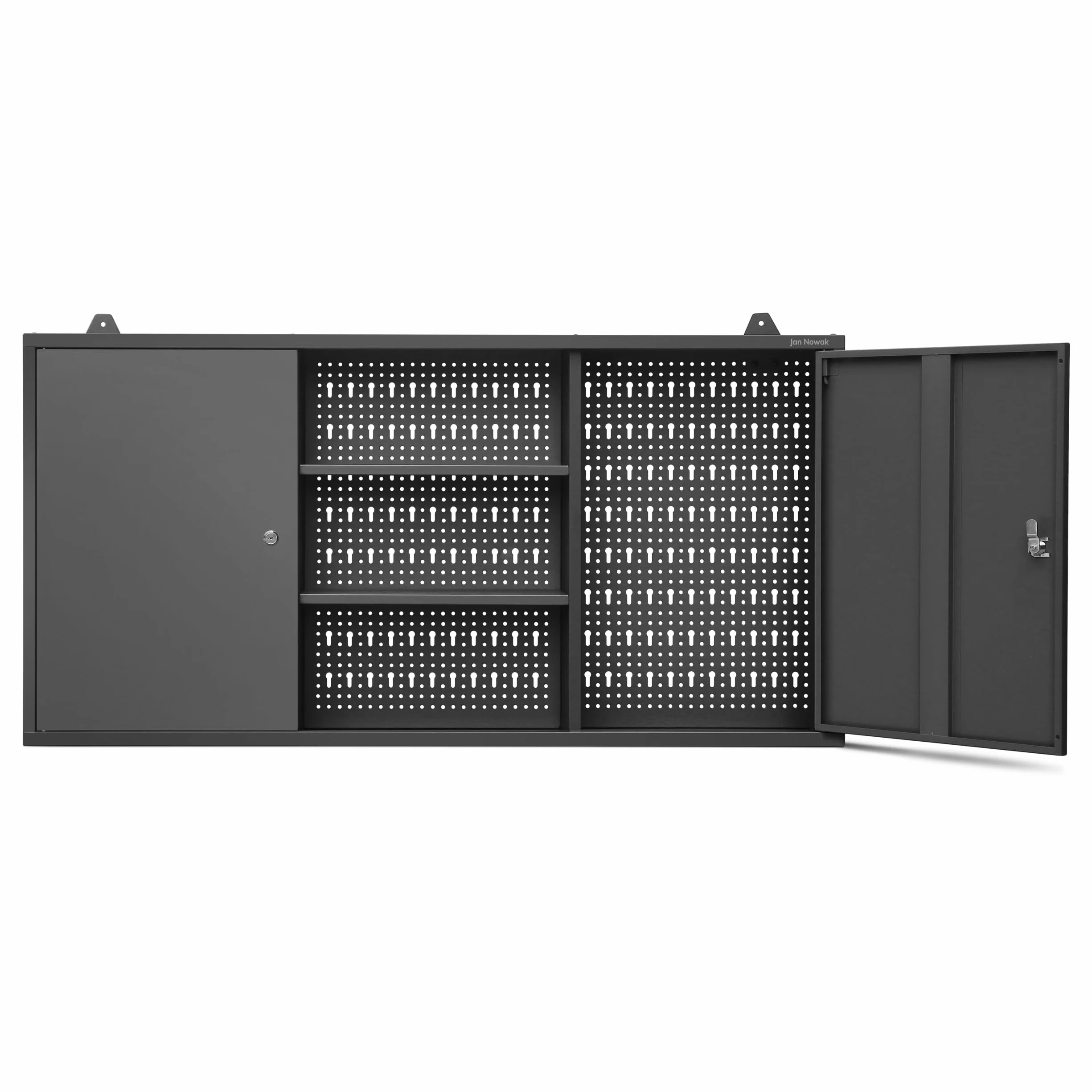 Szafka Metalowa Wisząca na Narzędzia do Warsztatu JAN NOWAK BEN | Narzędziowa Perforowana Garażowa Warsztatowa Dwie Zamykane Szafki Dwie Półki Na Akcesoria | 120 x 60 x 20 cm (Czarna)