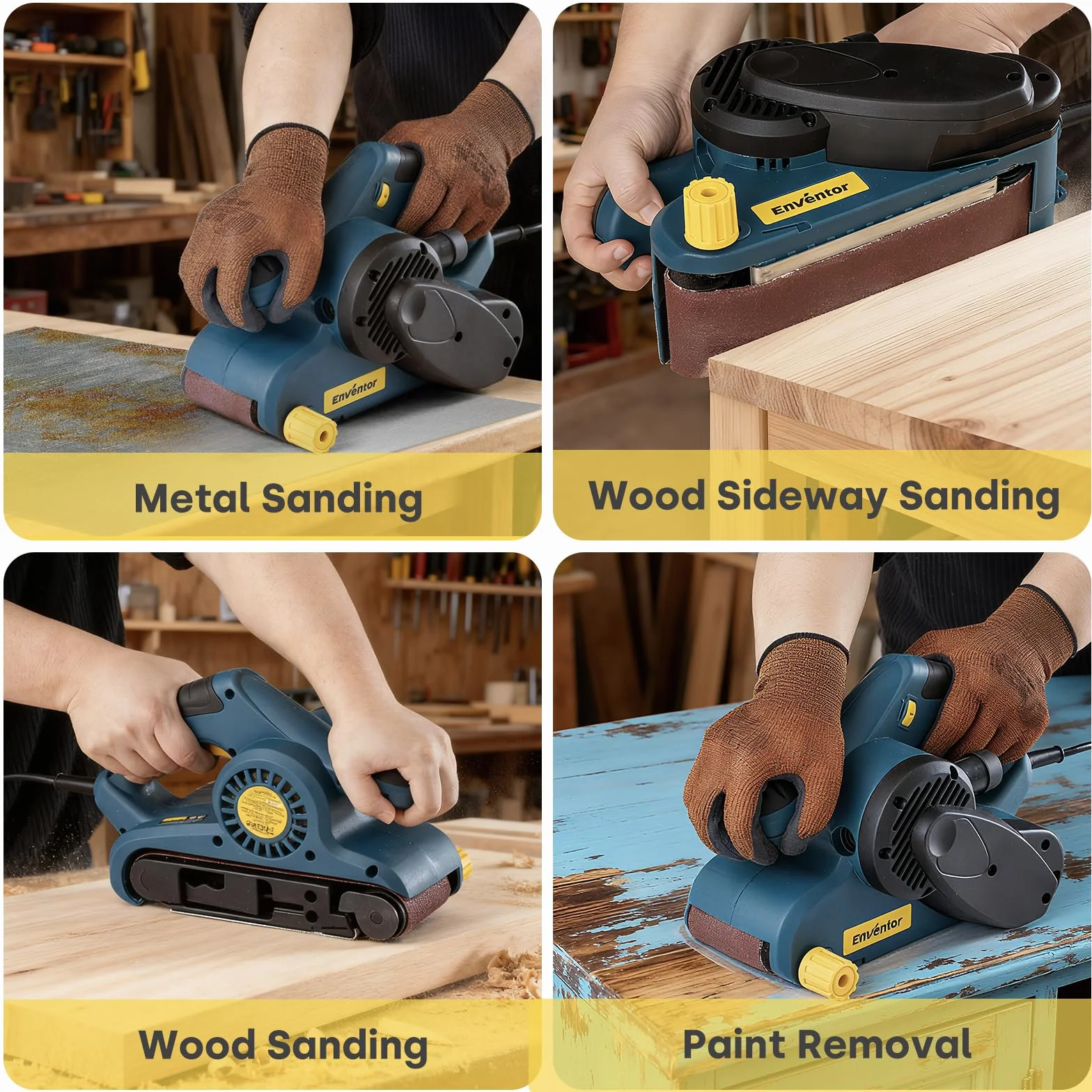 Enventor 950W with Belt Sander, 6 Speed Grades (120-380 Meters per Minute), 2-in-1 Grinding Machine with Dust Bag ＆ 12 Belt Sanders (P24, P80, P120, P180), 76 x 533 mm