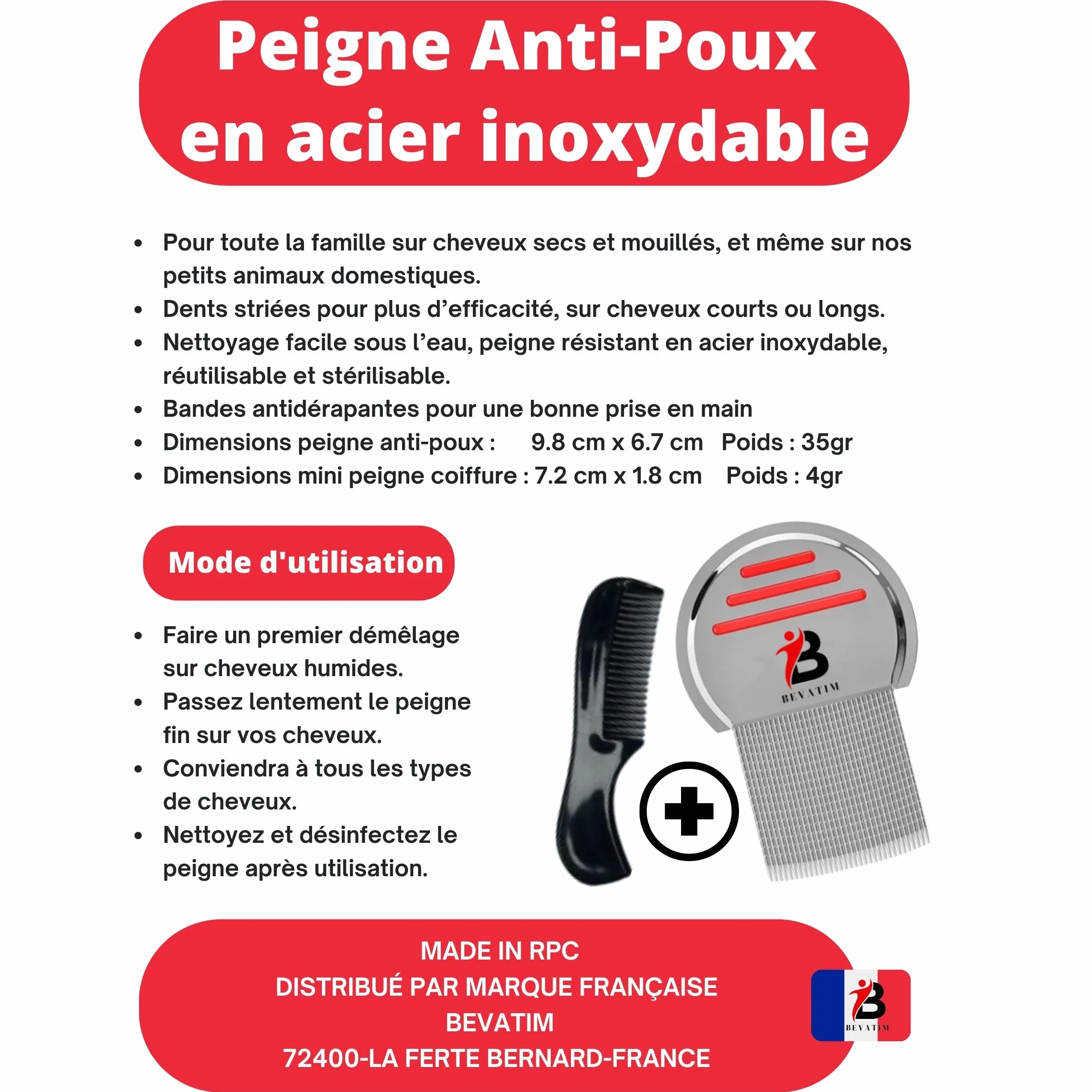 BEVATIM® grzebień przeciw wszom i gnidom, hartowana stal nierdzewna, czarny mini