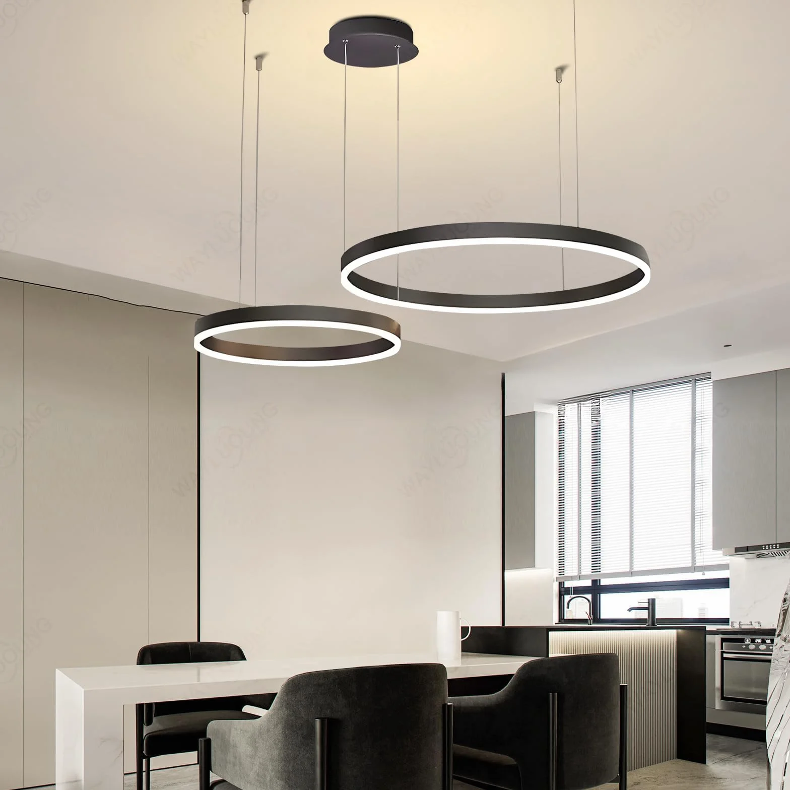 LED Żyrandol Metalowy | 2 Koła 40+60cm | 40W Lampa Wisząca Sufitowa Pierścieniami, Pilot Możliwością ściemniania 3000-6000K Lampa Wisząca Akrylowym Kloszem Sypialnia Przedpokój Czarny