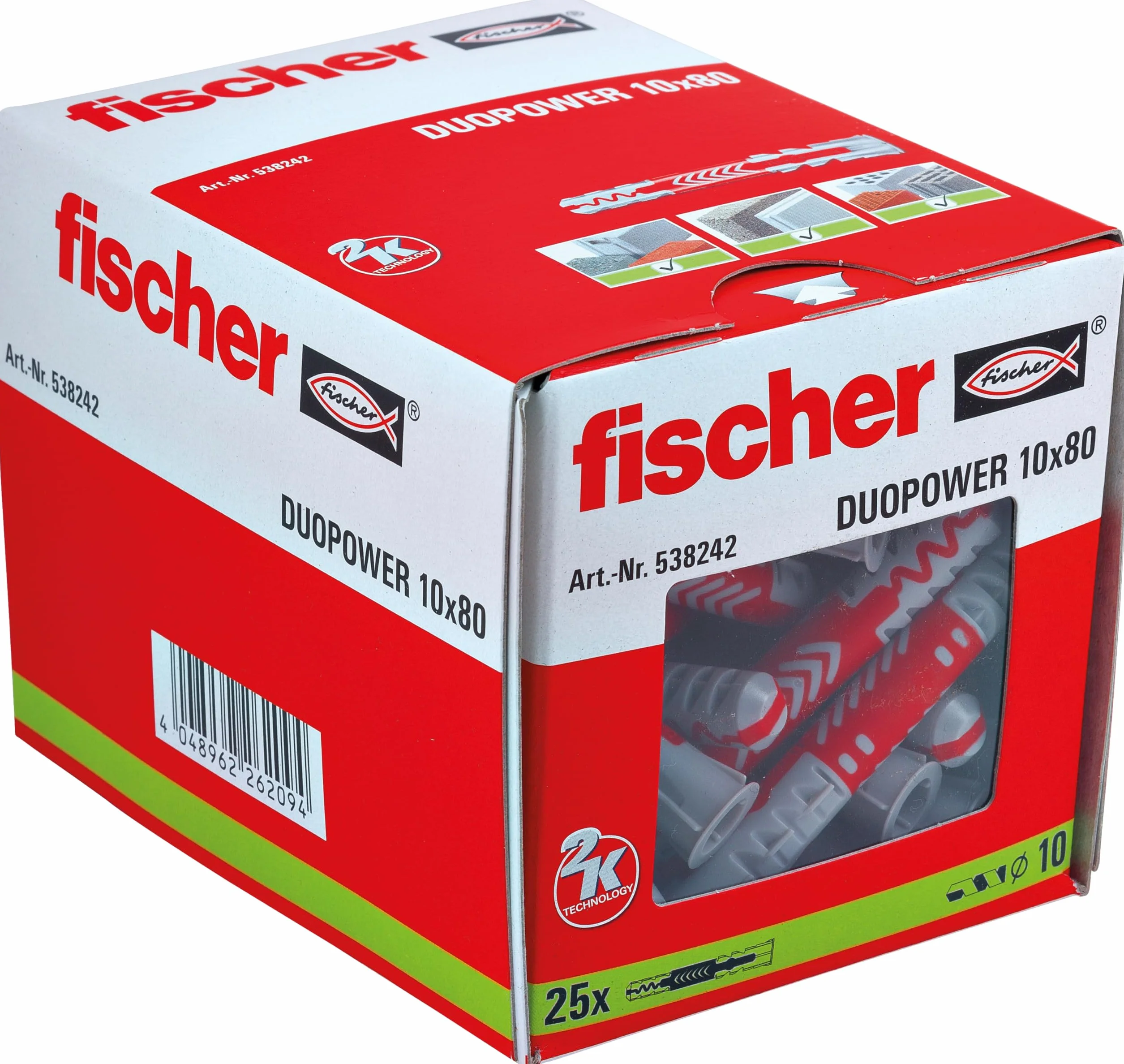 fischer 538242 DUOPOWER kołki ścienne, czerwone/szare, 10 mm x 80 mm, pudełko 25 sztuk