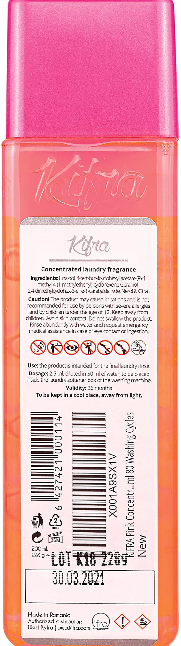 Kifra Pink skoncentrowane perfumy do prania 200 ml, 80 cykli prania, długotrwały zapach do prania
