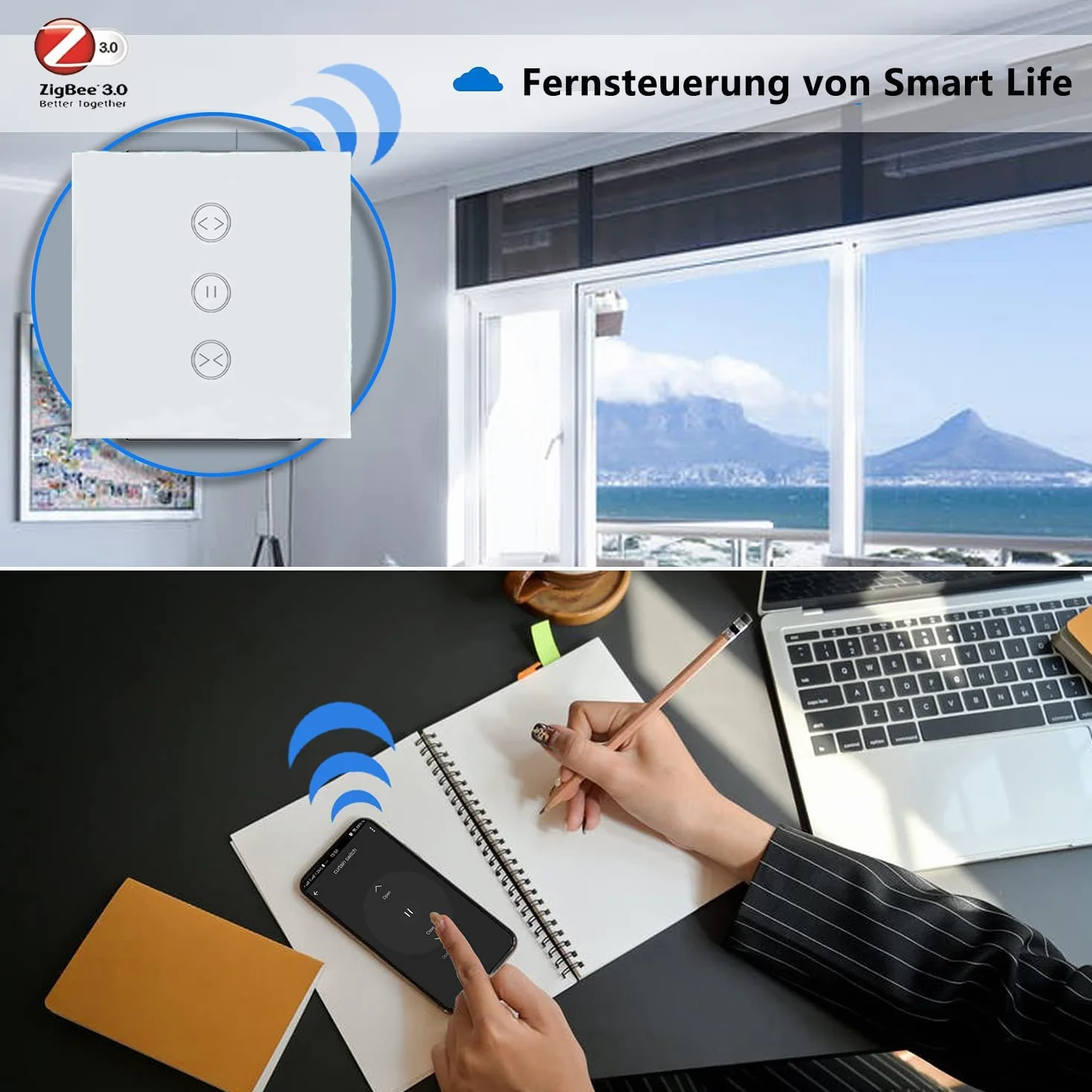 UseeLink Smart ZigBee przełącznik rolety, kompatybilny z aplikacją Smart Life/Tuya, współpracuje z Alexa i Google Home, inteligentny przełącznik żaluzji z panelem dotykowym, biały (wymagany