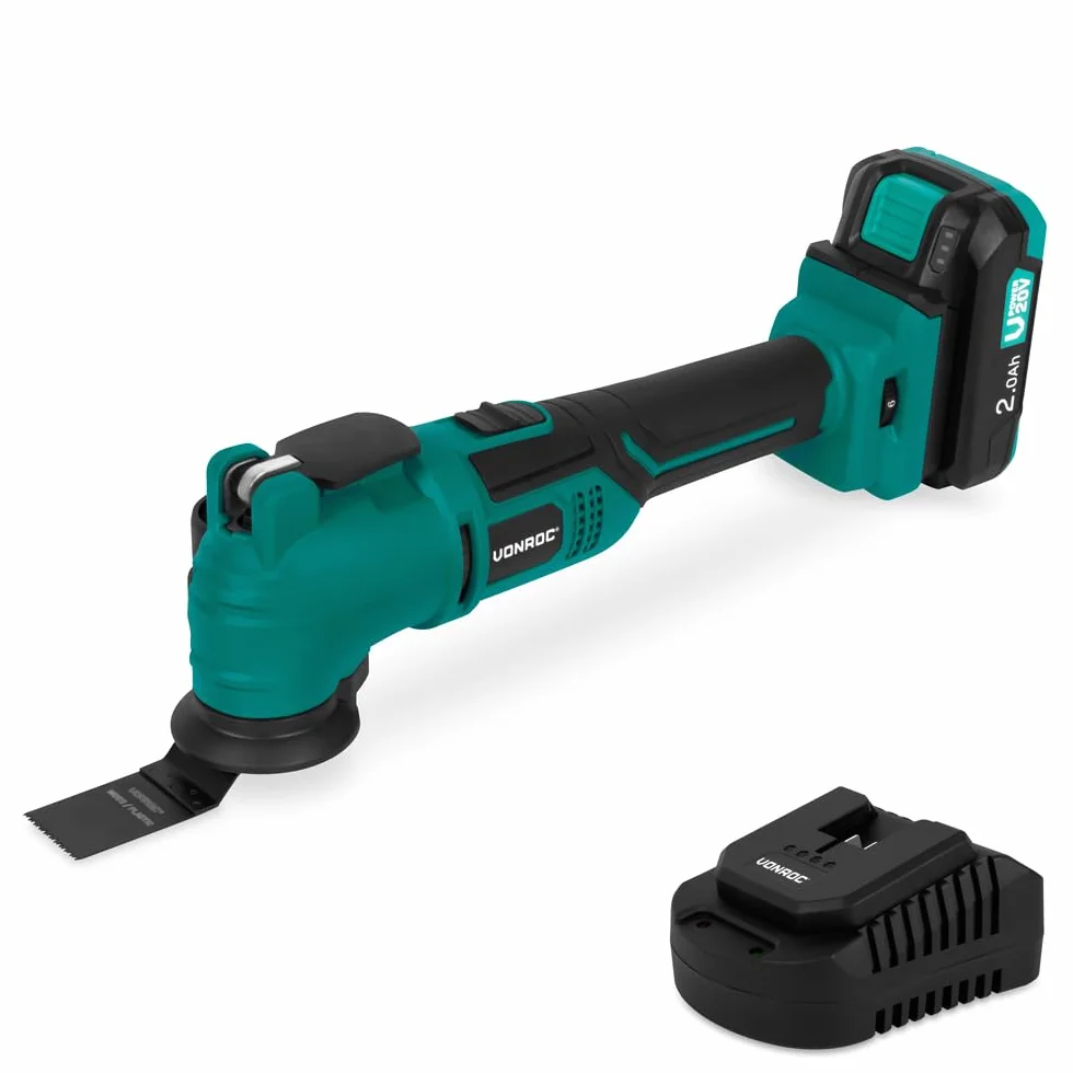 VONROC Multitool oscylator akumulatorowy 20 V, 6 prędkości, 7000-19 000 obr./min, akumulator 2,0 Ah, szybkie ładowanie, skrobaczka, ostrze zanurzeniowe, taca i papier ścierny