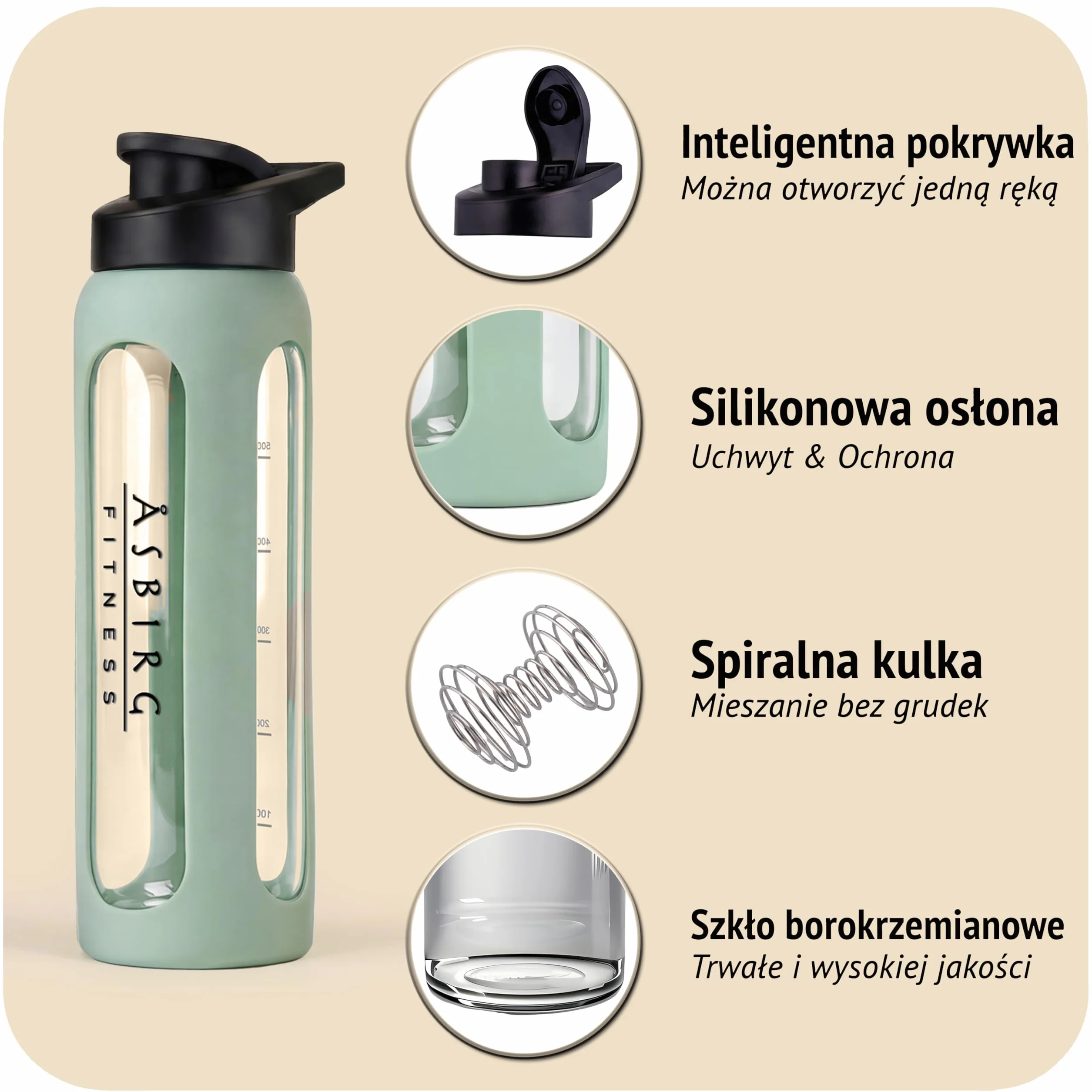 Szklany shaker do białka 700 ml butelka sportowa z silikonową osłonką szczelna pokrywka kulka miksująca stal nierdzewna Pastelowa Zieleń