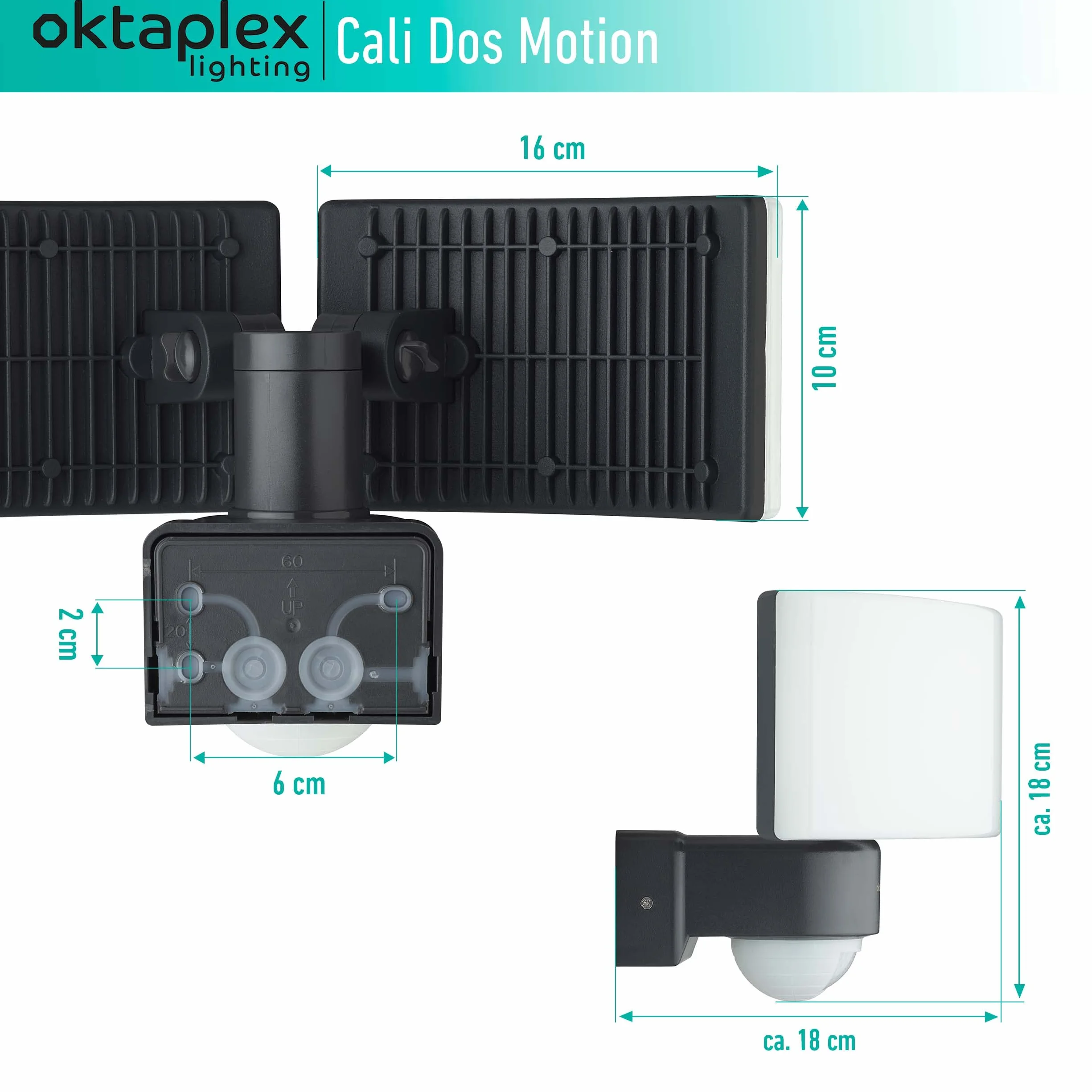 Oktaplex lighting Cali Dos Motion reflektor LED z czujnikiem ruchu, IP65, dwie głowice, 40 W, 3000 K, ciepła biel, reflektor zewnętrzny, antracyt z funkcją Master