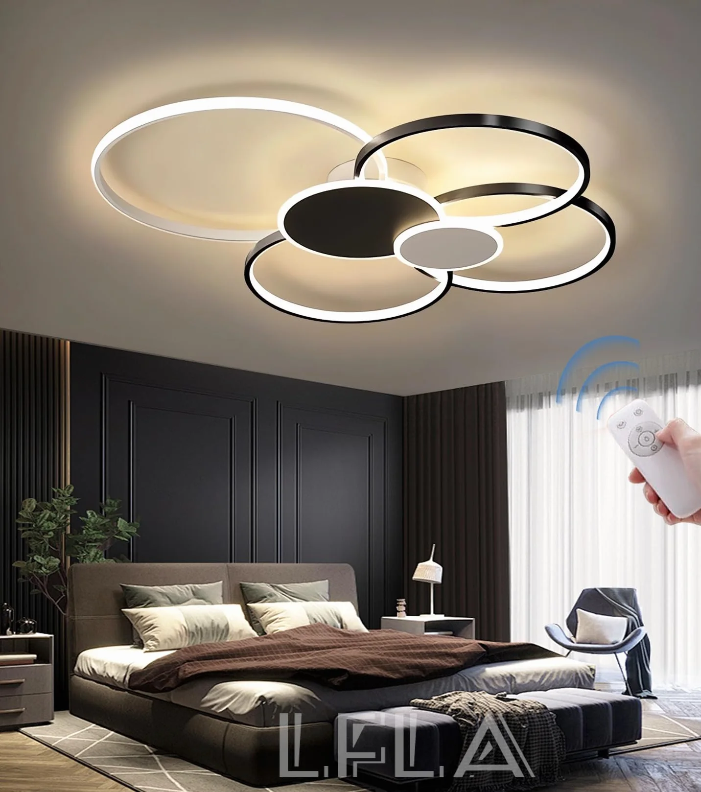 Ściemnialna lampa sufitowa LED Salon Nowoczesne oświetlenie sufitowe Kreatywna 6-pierścieniowa lampa sufitowa z pilotem Oświetlenie wnętrza Sypialnia Jadalnia Kuchnia Lampa (Czerń & Biały, 80cm)