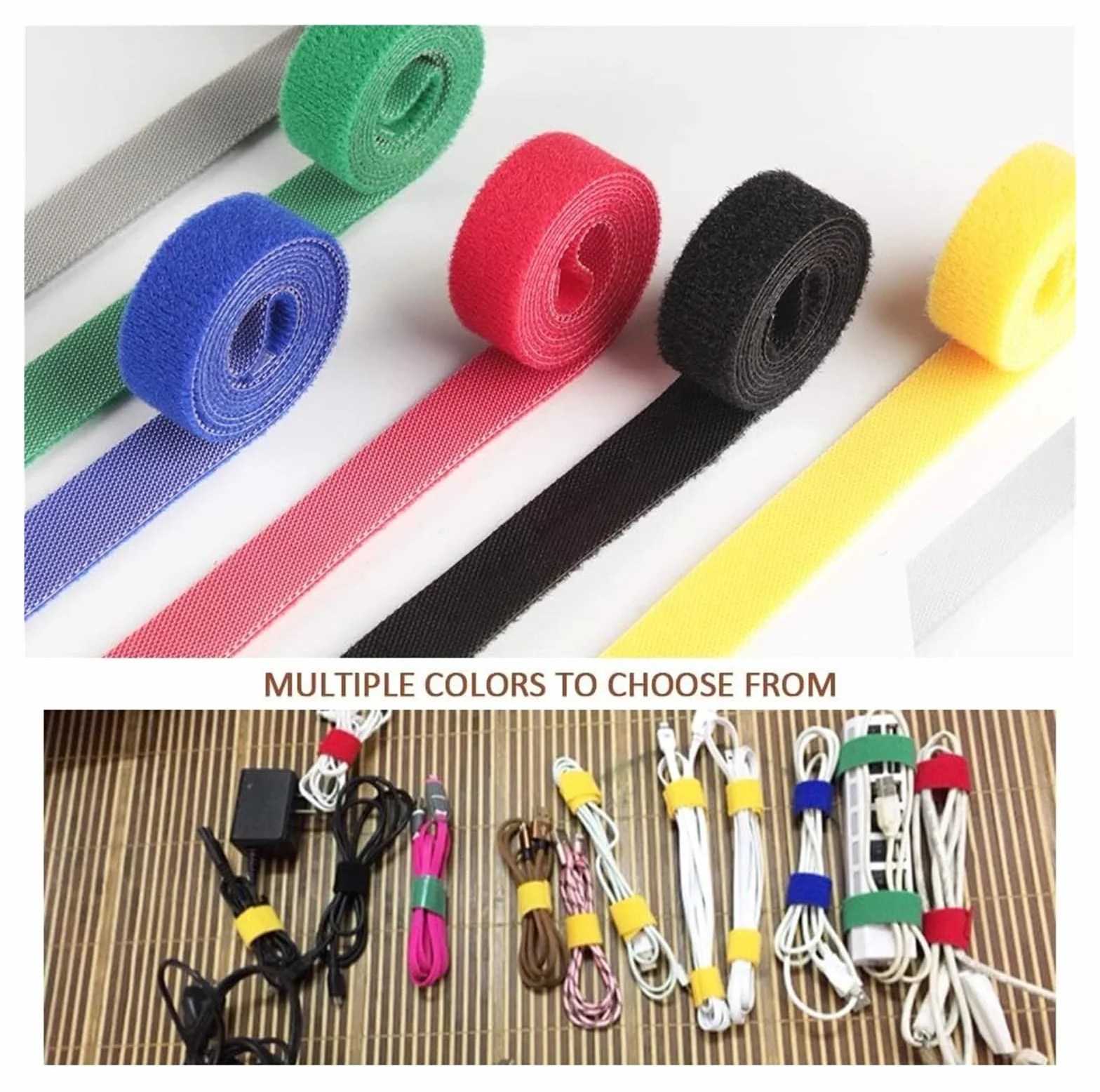 Opaski zaciskowe do mocowania opasek zaciskowych - 5 metrów do zarządzania kablami, wielokrotnego użytku, paski na rzepy Tidy Wrap, wielokolorowe (7 szt.), 2 cm