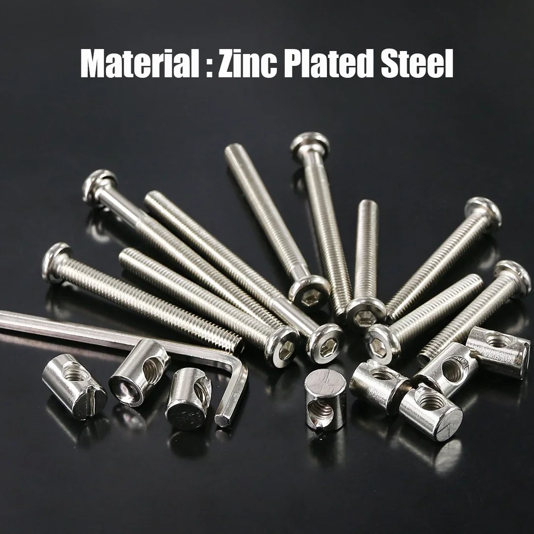 Swpeet 100 szt. śrub do łóżeczka dziecięcego, niklowane, M6 × 40/50/60/70/80 mm, śruba z gniazdem sześciokątnym, śruba do łóżeczka dziecięcego i nakrętki beczki z 1 x kluczem imbusowym, idealne do