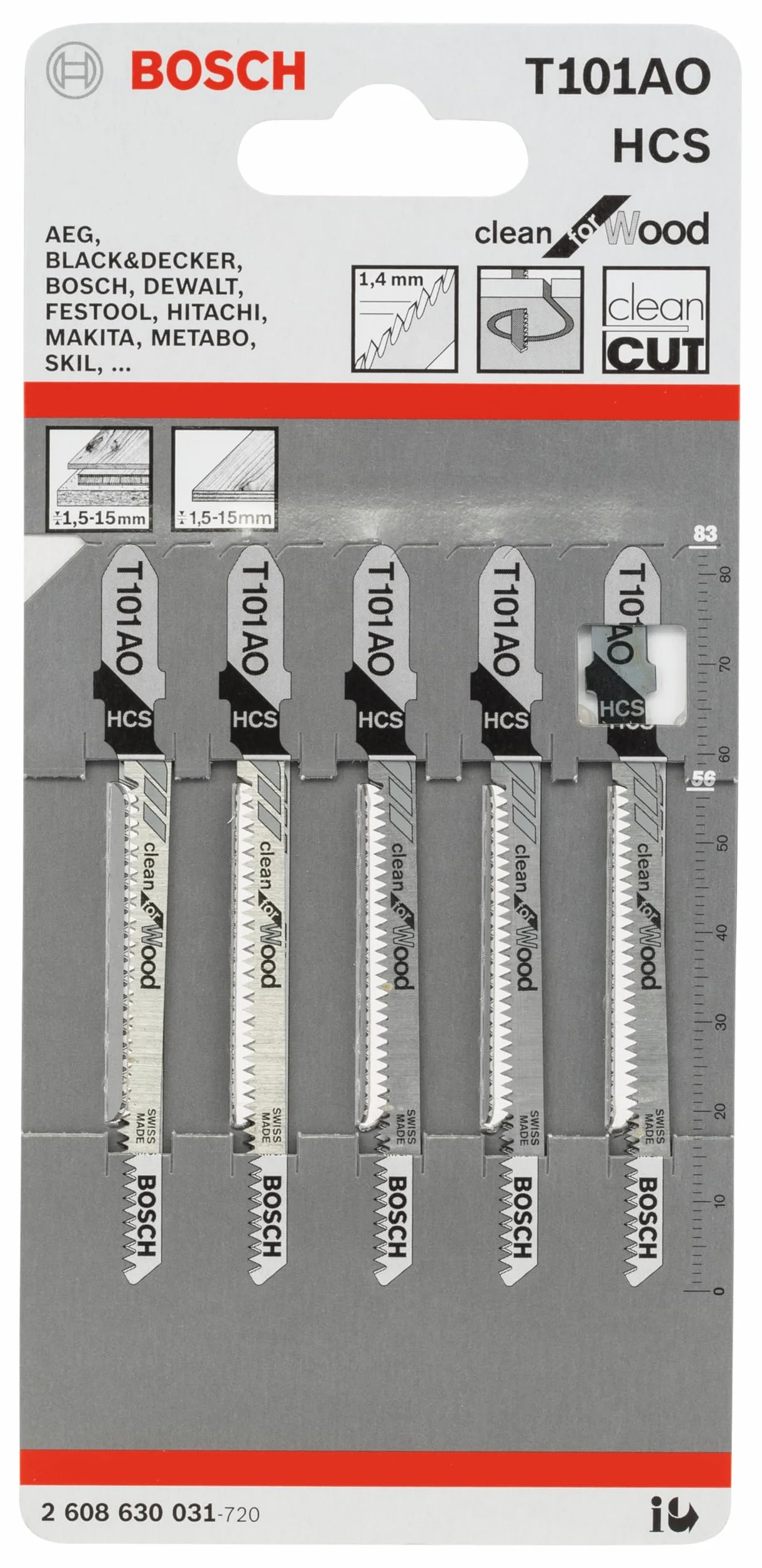 Bosch 5x Brzeszczoty do wyrzynarki T 101 AO Clean for Wood (do Miękkie drewno, Sklejka, Długość 83 mm, Professional Akcesoria Wyrzynarka)