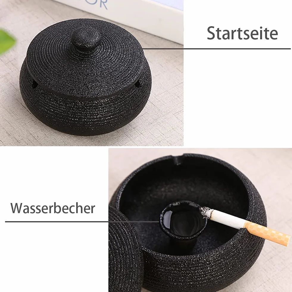 Panngu Popielniczka przeciwwiatrowa, czarna, ceramiczna retro, popielniczka z pokrywką, do użytku na zewnątrz, prosta, popielniczka do cygar, dekoracja domu i biura (11,5 x 8,5 cm)