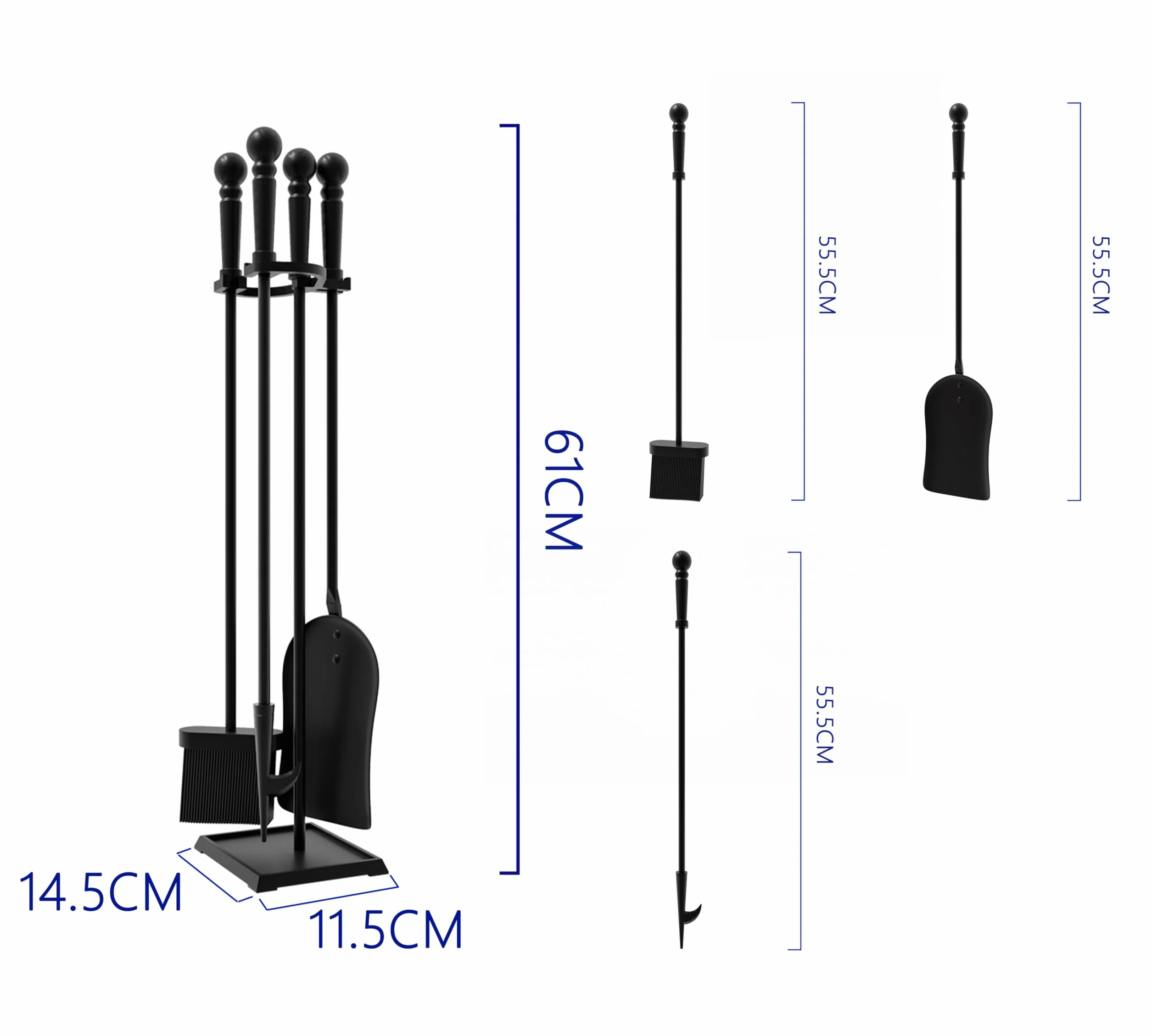 Kingson Zestaw kominkowy 3-częściowy narzędzi powlekanych proszkowo czarne żeliwne uchwyty stojak łopata poker szczotka 55,5 cm wysokość 61 cm
