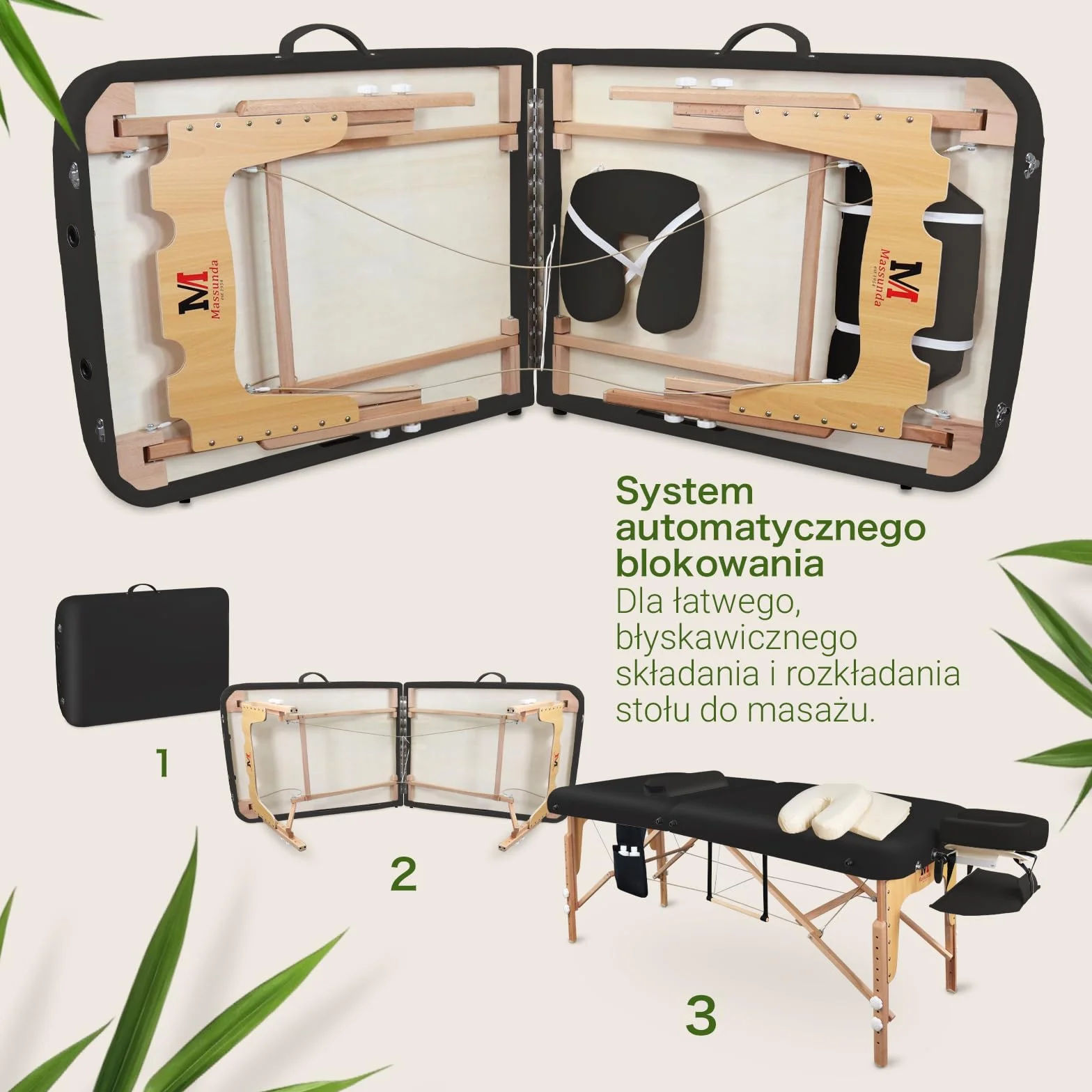 MASSUNDA Mobile Comfort Deluxe stół do masażu składany z regulacją wysokości szeroki lite drewno ergonomiczny zagłówek