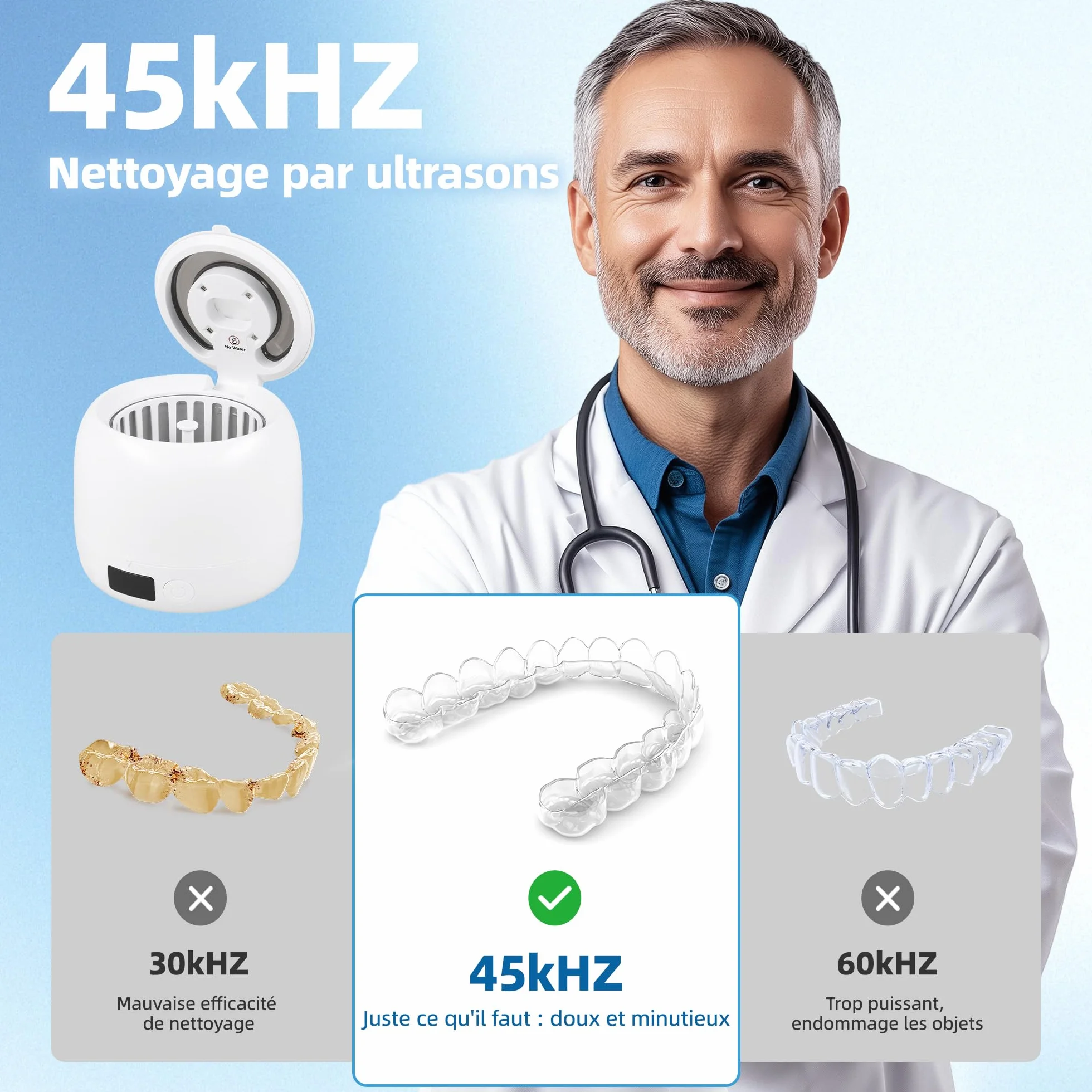 Carehabi Ultradźwiękowe urządzenie do czyszczenia szyn dentystycznych i protez - 45 kHz Dental Pod ze światłem UV i zdejmowanym zbiornikiem o pojemności 200 ml - elektryczne urządzenie do czyszczenia