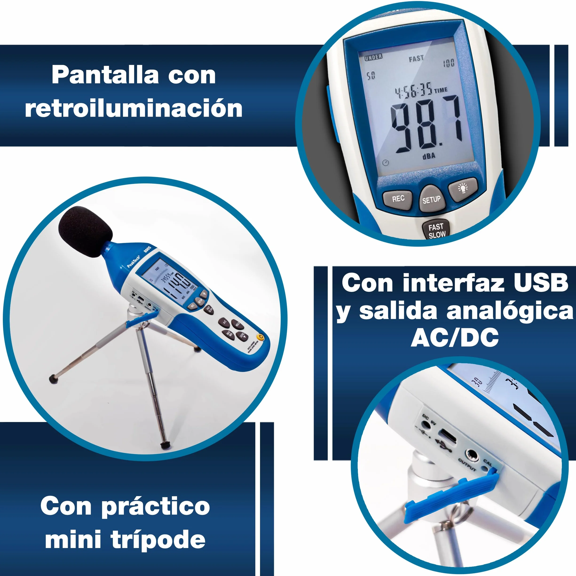 PeakTech P 8005 - Miernik poziomu dźwięku ~ 30 ... 130 dB A/C ~ z rejestratorem danych 32000 punktów i USB