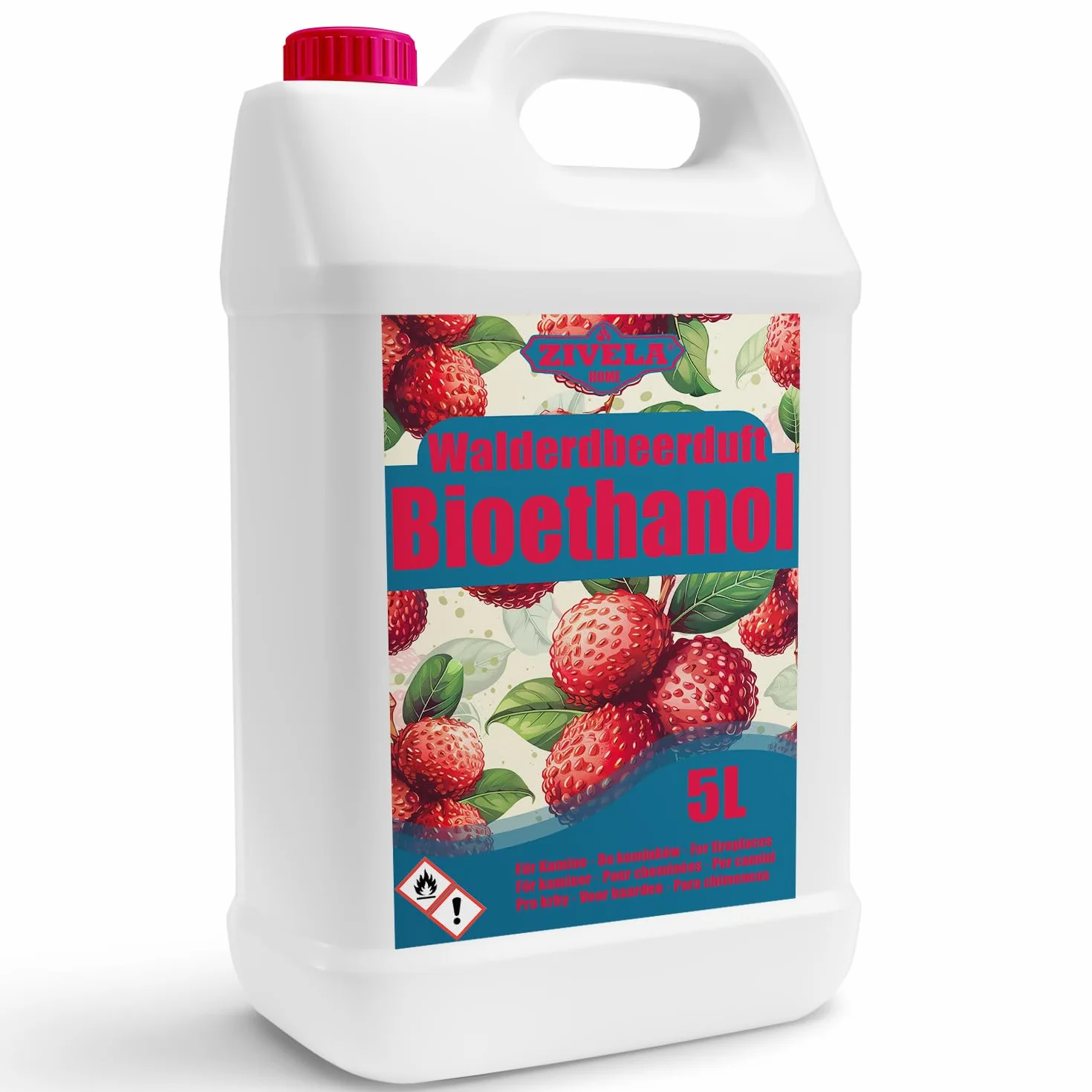 Bioetanol 96,6% 5 l | bioalkohol o zapachu truskawek 96,6% 5 l | bioetanol do kominka, kominka stołowego | bioetanol zapach truskawek | czyste spalanie, bez dymu, żywy i stabilny płomień