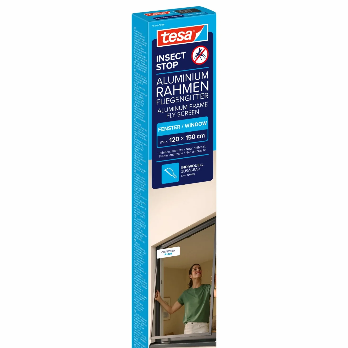 tesa INSECT STOP Aluminium for Window Frame Fly Screen - siatka z ramą aluminiową, bez wiercenia, antracyt - 120 x 150 cm