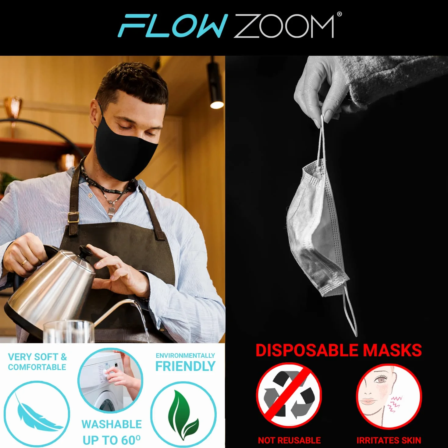 FLOWZOOM Zestaw 2 masek z bawełny i poliestru (3-warstwowe) z komorą na filtr 2,5 PM | regulowane zauszniki | idealne dla okularów | dostępne w dwóch rozmiarach – L (mężczyzn) i M (kobiety/dzieci)