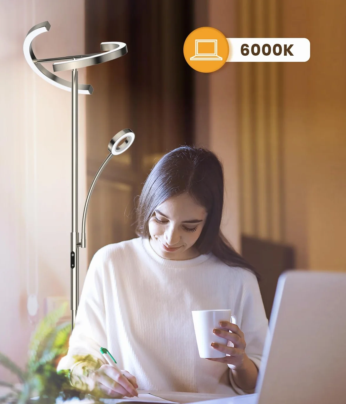 Lampa podłogowa LED z regulacją jasności, 20W. W zestawie elastyczna lampa do czytania 7W. Pilot zdalnego sterowania, 4 temperatury barwowe. Idealna do salonu, sypialni, biura i hotelu
