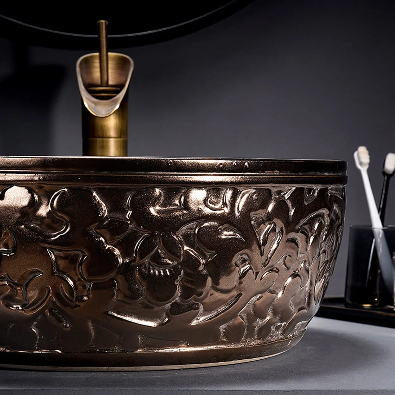Zestaw Z Okrągłą Umywalką Nablatową I Baterią, Kreatywna Umywalka Łazienkowa Z Porcelany Z Metalową Glazurą, Umywalka Nablatowa Ceramiczna Do Łazienki W Barze