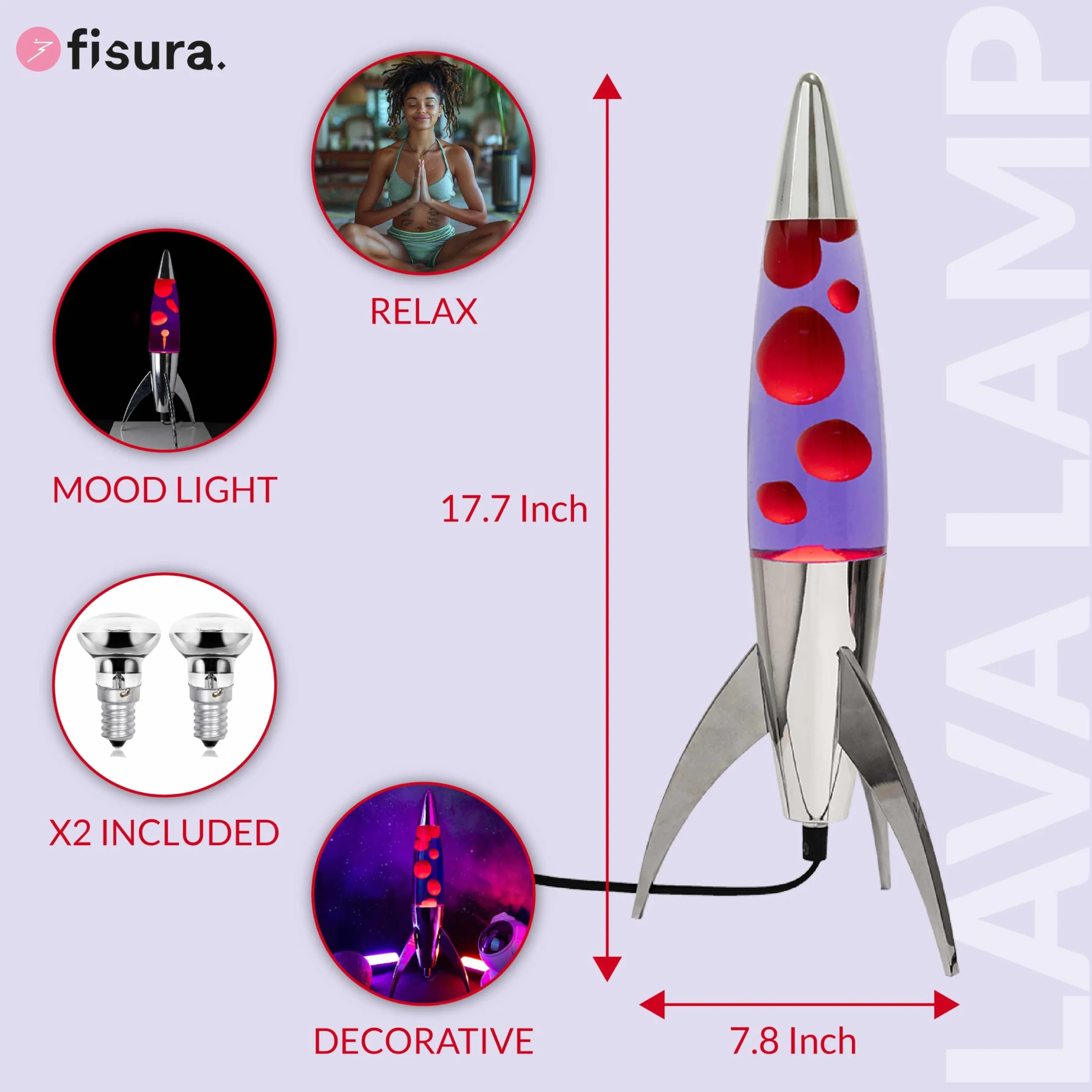 Fisura - Fioletowa lampa lava "rocket". Chromowana podstawa, fioletowy płyn i czerwona lawa. Retro lampa lava z zapasową żarówką. 20 cm x 20 cm x 45 cm.