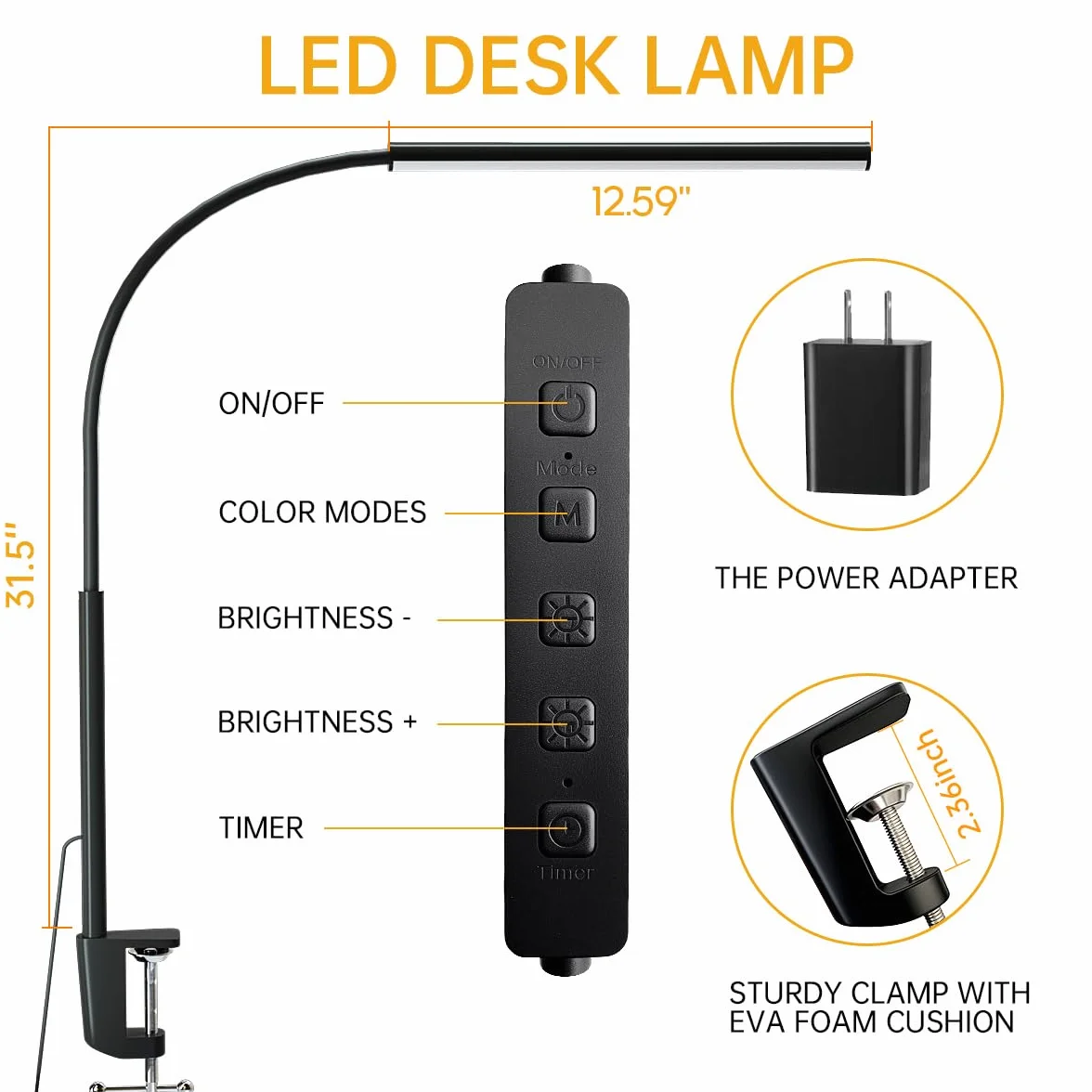 Lampa biurkowa LED z zaciskiem, ochrona oczu, lampa biurkowa, 5 trybów, 10 regulacji jasności, elastyczna 360°, lampa typu gęsia szyja, do domowego biura, lampy z adapterem USB (czarna)