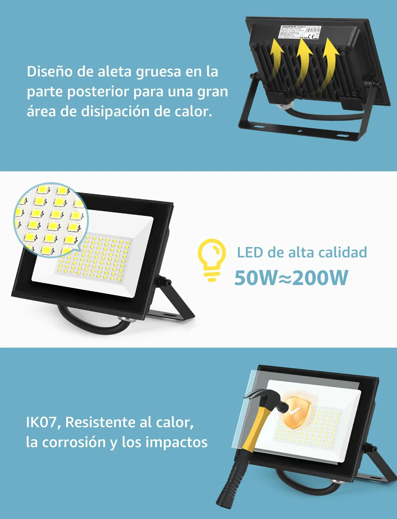 Aigostar Reflektory LED 50W 4500LM, wodoodporne, IP65, 6500K, zimna biel, do garażu, ogrodu, na patio i do parku, 2 pcs