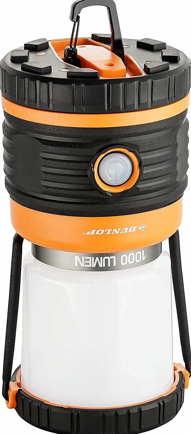 Dunlop Lampa kempingowa LED, 1000 lm, 4 tryby, możliwość ściemniania, odporna na uderzenia, zarysowania + ochrona przed wodą rozbryzgową IP44, 46 SMD, bez LED w trybie czuwania (pomarańczowa)