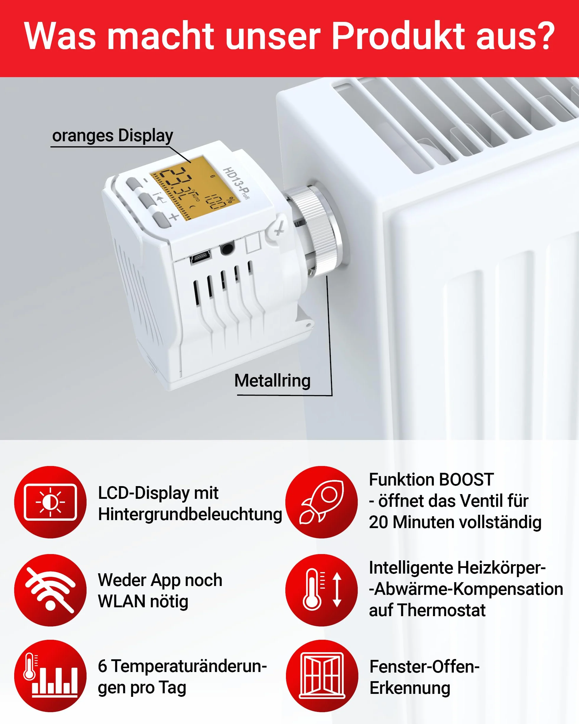 Elektrobock HD13-Profi programowalny termostat grzejnikowy, 230 V, biały, kompaktowy