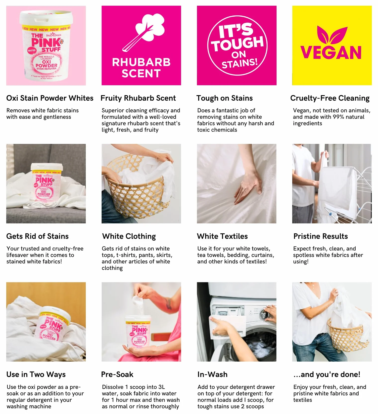 Stardrops The Pink Stuff Miracle Laundry Oxi proszek do usuwania plam, białe, 1 kg