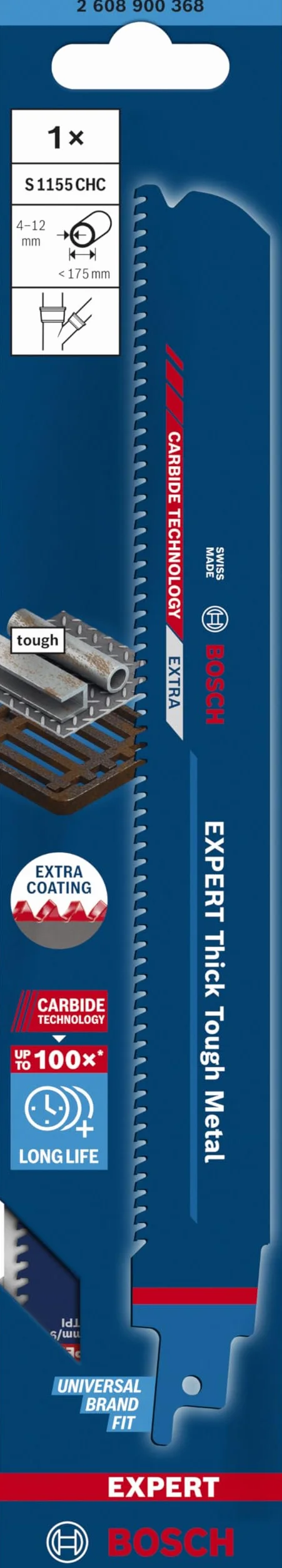 Bosch 1x Brzeszczoty do piły szablastej EXPERT Thick Tough Metal S1155CHC (do Twarda stal, Żeliwo, Długość 225 mm, Professional Akcesoria Piła szablasta)