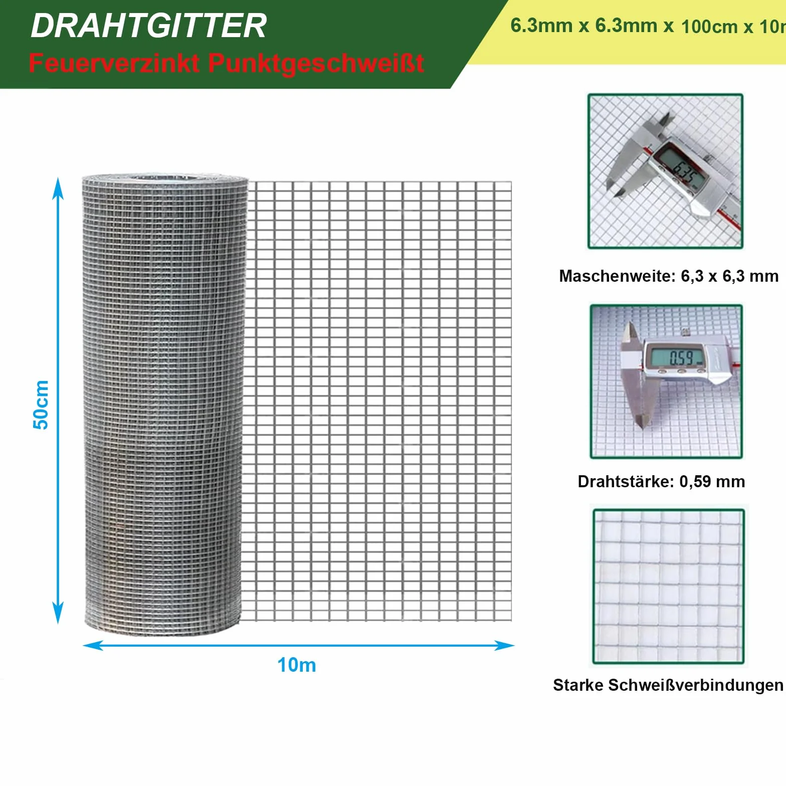 Siatka przeciw gryzonom 1m x 10m, drut wolierowy 6,3mm x 6,3mm, siatka druciana o drobnych oczkach ocynkowana, metalowa kratka jako drut do królików, 0,6mm