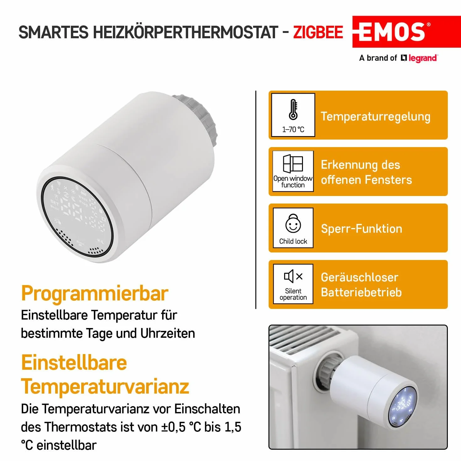 EMOS GoSmart termostat grzejnikowy z aplikacją, programowalny termostat ZigBee Smart Home, regulowana histereza, kompatybilny z Tuya, Smart Life, Alexa, Google Assistant