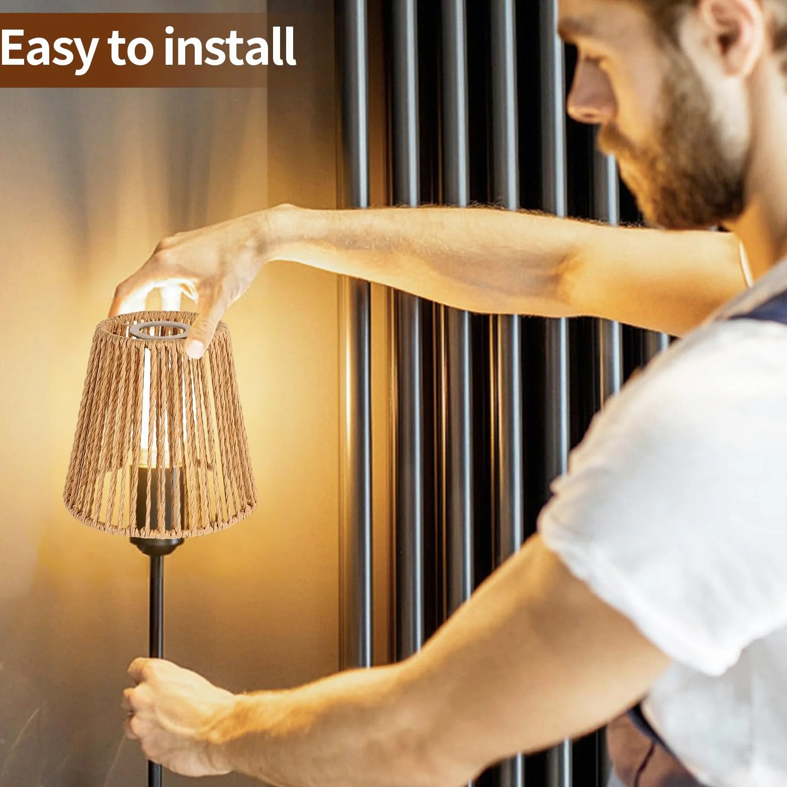 Abażur rattanowy w stylu boho, 4 sztuki, E27, abażur do lampy stołowej, lampy wiszącej, lampa stojącej, lampa sufitowa, papierowy, zapasowy klosz do lampy stojącej, 14 x 14 cm