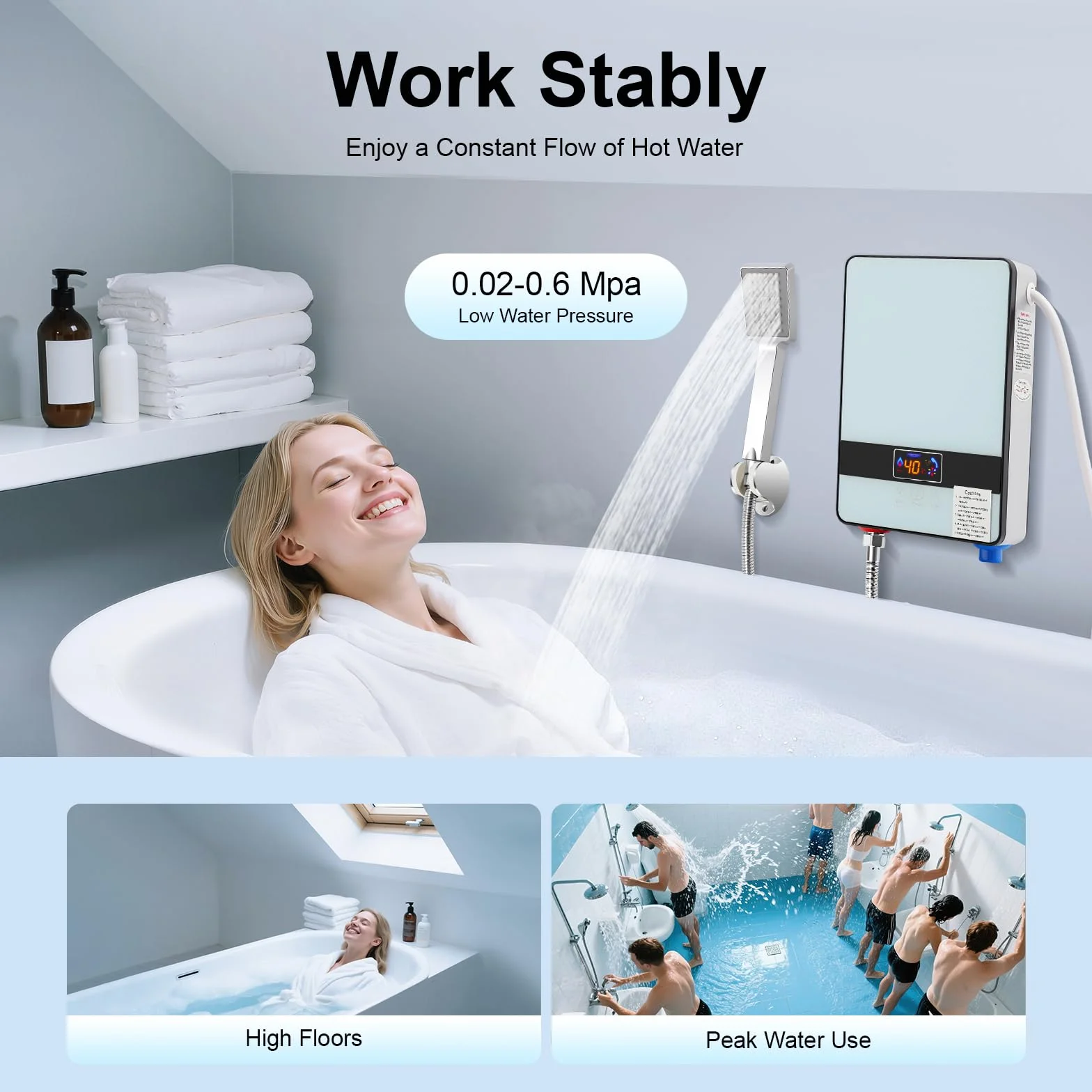 Elektryczny podgrzewacz wody, 6500 W, bezzbiornikowy podgrzewacz wody, montaż ścienny, natychmiastowy podgrzewacz wody z ekranem dotykowym LED i zestawem prysznicowym, 30-55°C, do łazienki, kuchni