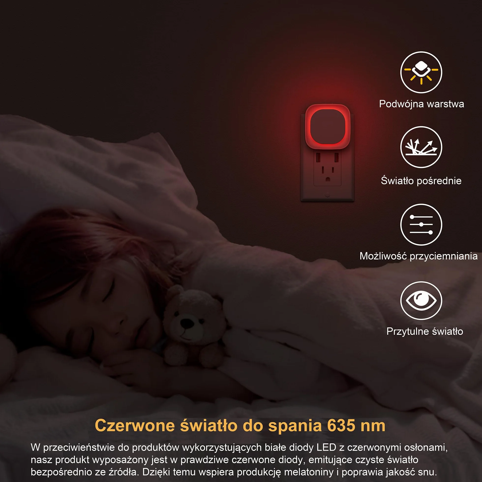 YUNLEX Lampka nocna z czujnikiem zmierzchu, [2 sztuki], automatyczne włączanie/wyłączanie, 3-poziomowe ściemniane światło nocne, do pokoju dziecięcego, sypialni, przedpokoju, łazienki, Czerwony