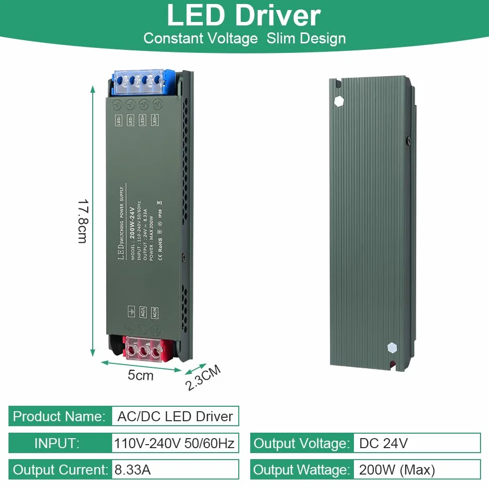 Transformator LED URAQT 220 V 24 V, 200 W Wejście transformatora LED, zasilacz niskonapięciowy AC na DC, sterownik stałego napięcia LED, niskonapięciowy transformator LED AC na DC