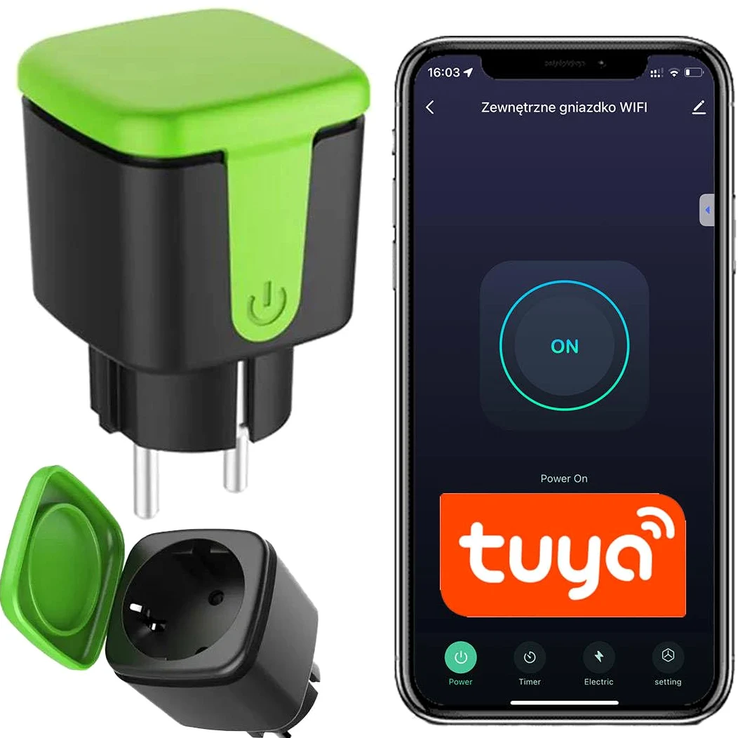 Inteligentne gniazdko ZEWNĘTRZNE Wifi Tuya 16A Pomiar prądu | 3680 W, programator czasowy, 2,4 GHz, alexa google, bez hub, outdoor
