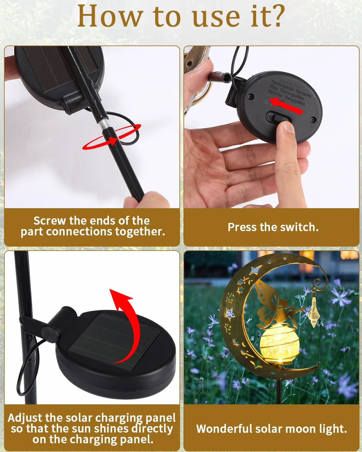 Moon Solar Lights Dekoracja tarasu ogrodowego,Elf/Flower Fairy Wodoodporna lampa słoneczna,Metalowe figurki ogrodu Dekoracja ogrodu,Zewnętrzna lampa słoneczna na zewnątrz,Na taras Balkon Pile Path