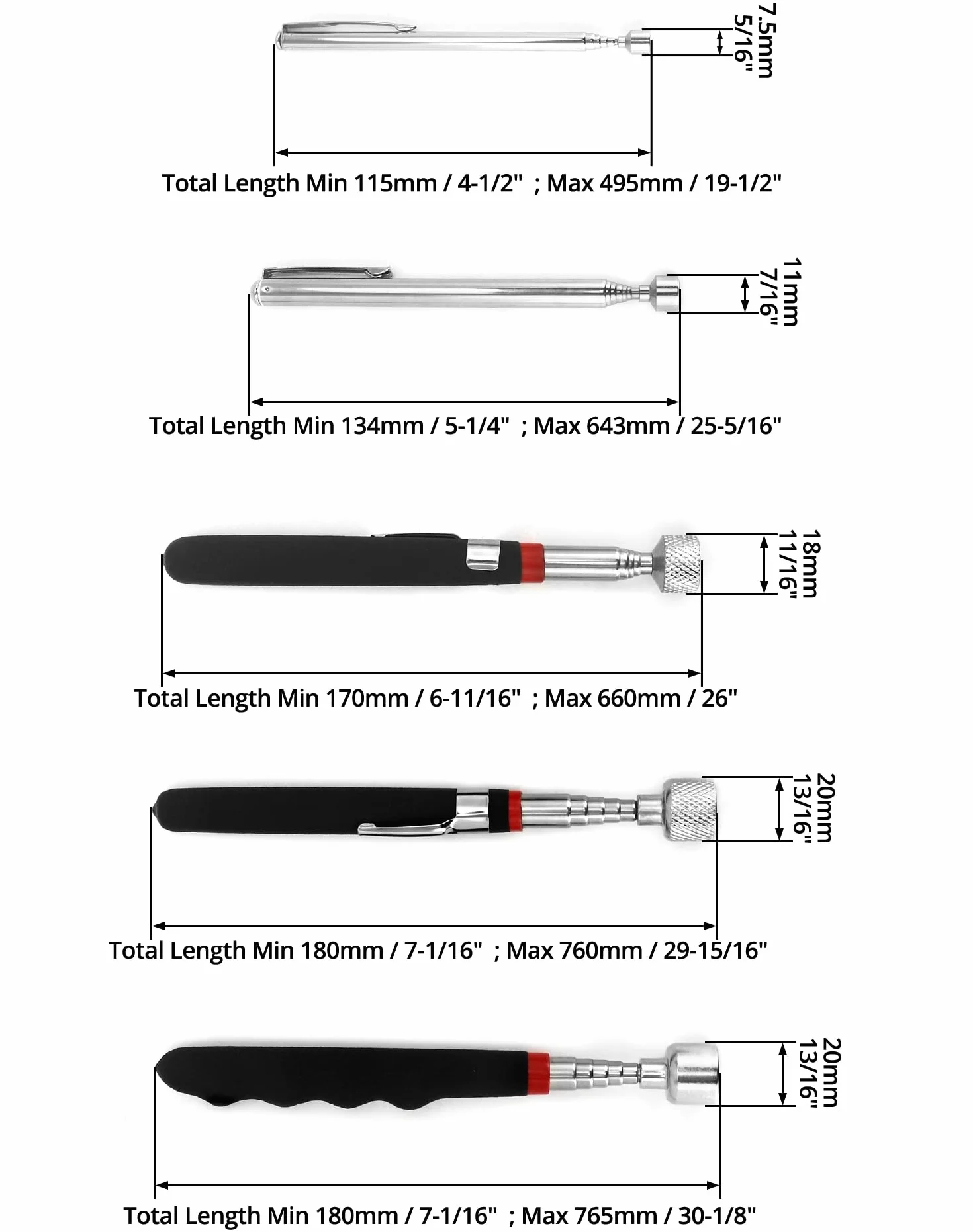 QWORK® 5 szt. Magnetyczny drążek teleskopowy, wysuwane narzędzie magnetyczne, stal nierdzewna, 1.5LB 3LB 10LB 15LB 20LB