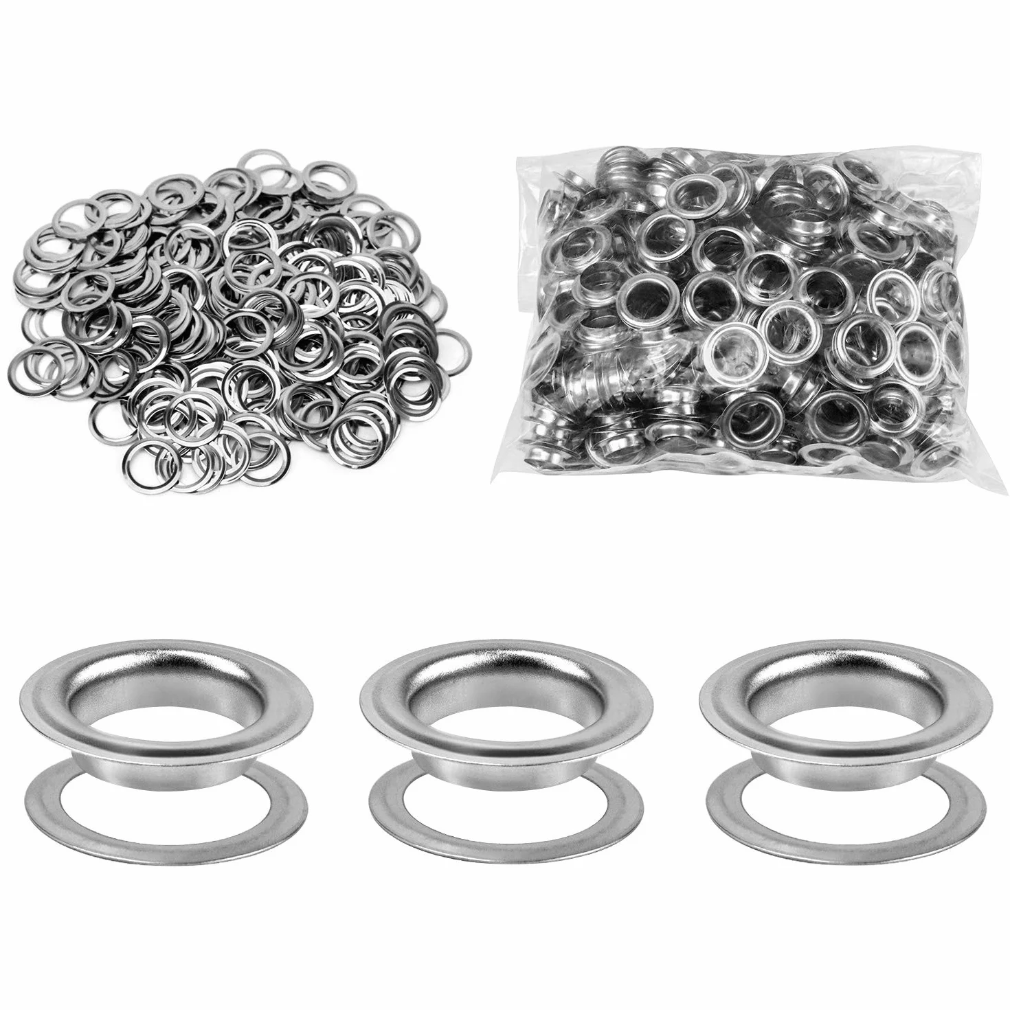 QWORK Zestaw narzędzi do przelotek, 500 sztuk oczek przelotek i 500 sztuk podkładek do oczek, 10 mm (3/8 cala), srebrny, do butów, odzieży, plandek z tkaniny skórzanej, washer self backing