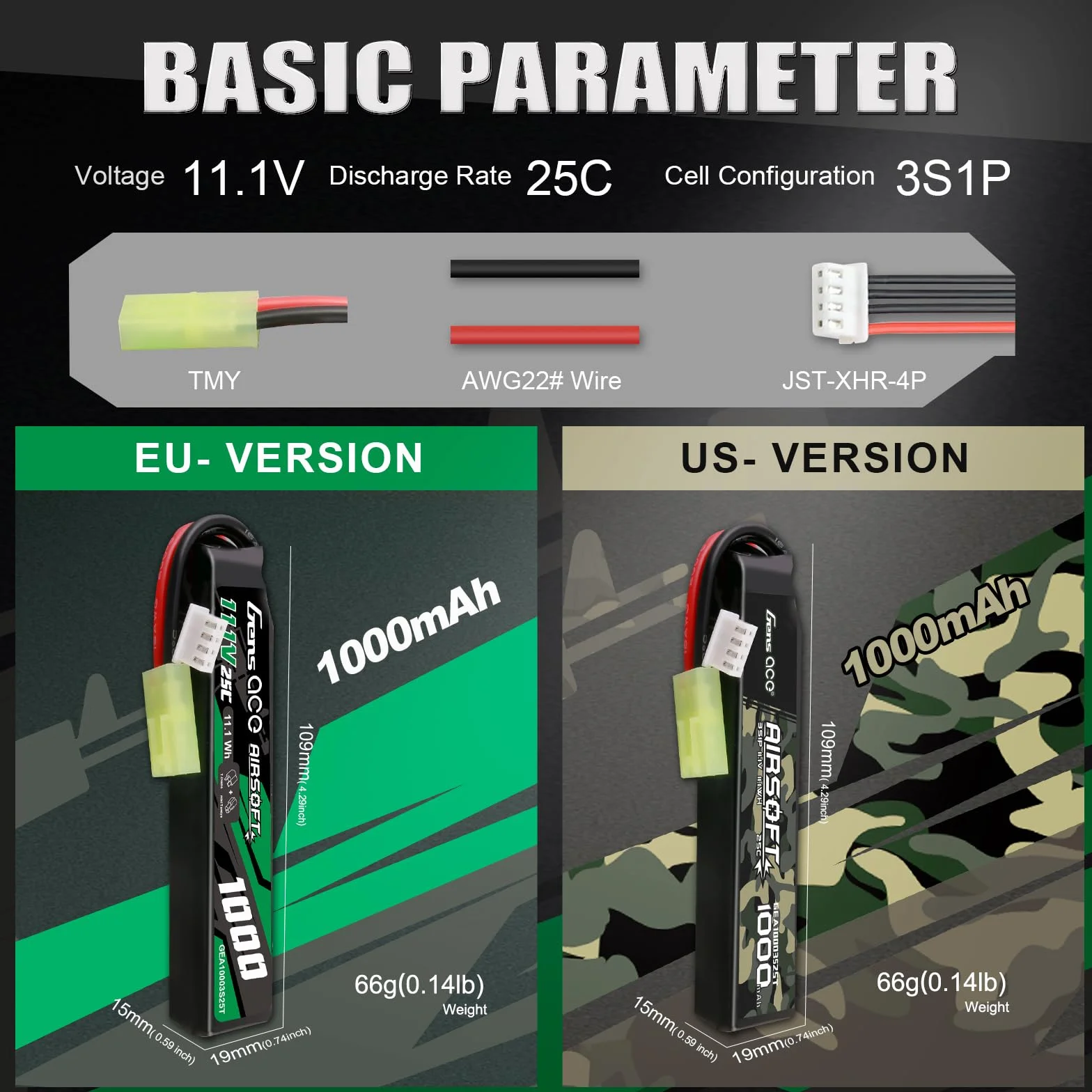 Gens ace 3S 25C 1000 mAh 11,1 V 3S1P akumulator Lipo Airsoft do ponownego ładowania z wtyczką Mini Tami-Ya, do broni Airsoft, łożysk LE, takich jak M4 itp