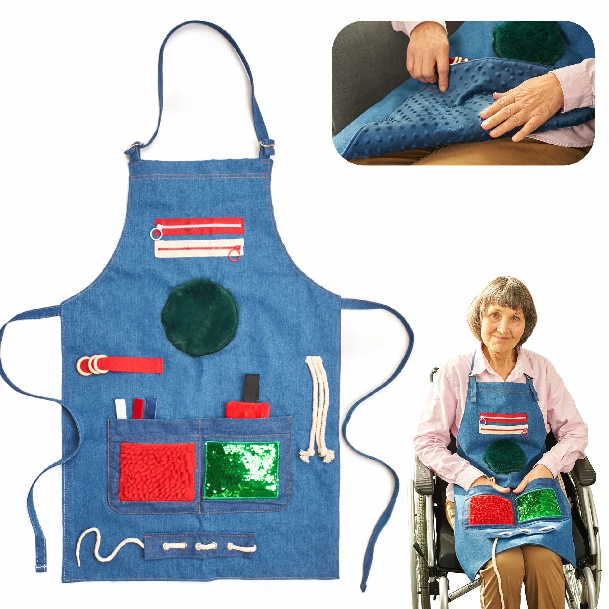 Fartuch Nestel, koc dla osób cierpiących na demencję, dla seniorów i demencji, zatrudnienie rąk, koc dla osób cierpiących na demencję, koc sensoryczny, Fidget Apron Blue