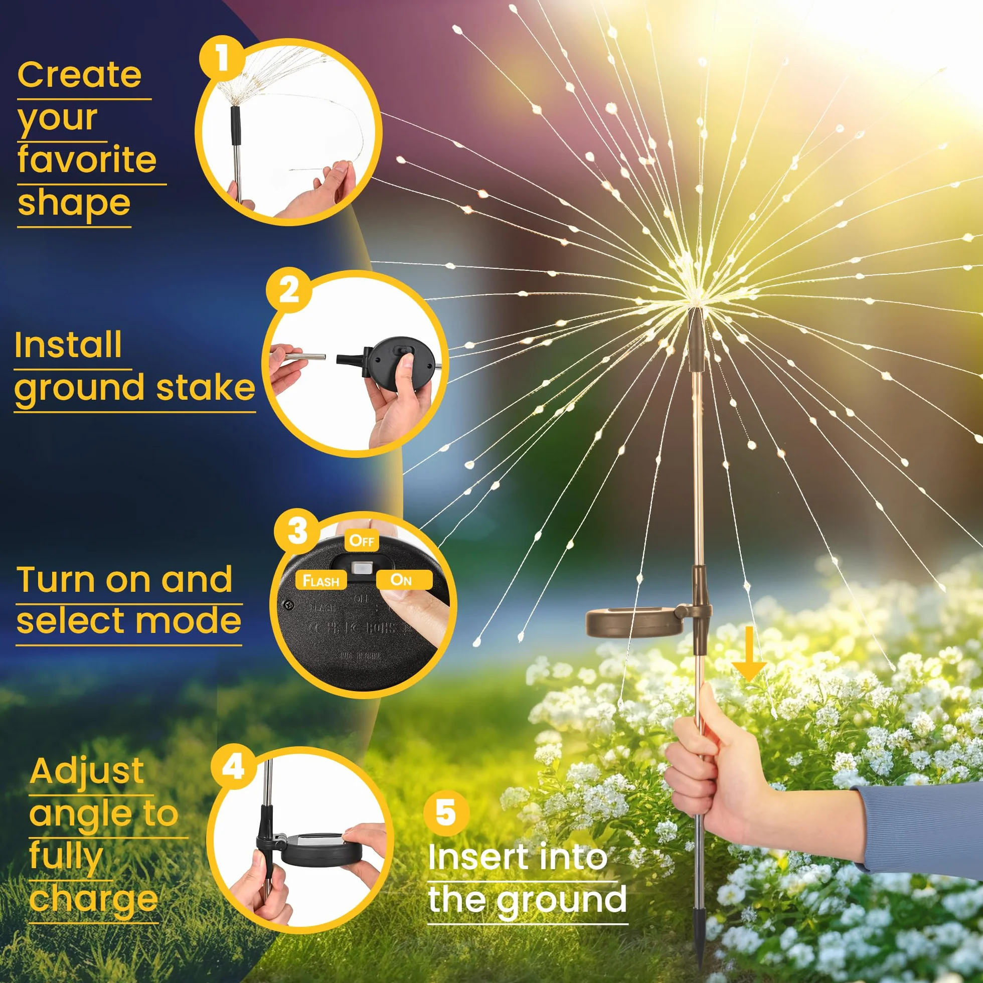 GIGALUMI Lampy solarne na zewnątrz, do ogrodu, solarne światła fajerwerki, 120 diod LED, 4 opakowania, światło starburst, wodoodporne, na podwórko, trawnik, imprezę, patio, dekoracja ślubna (ciepła