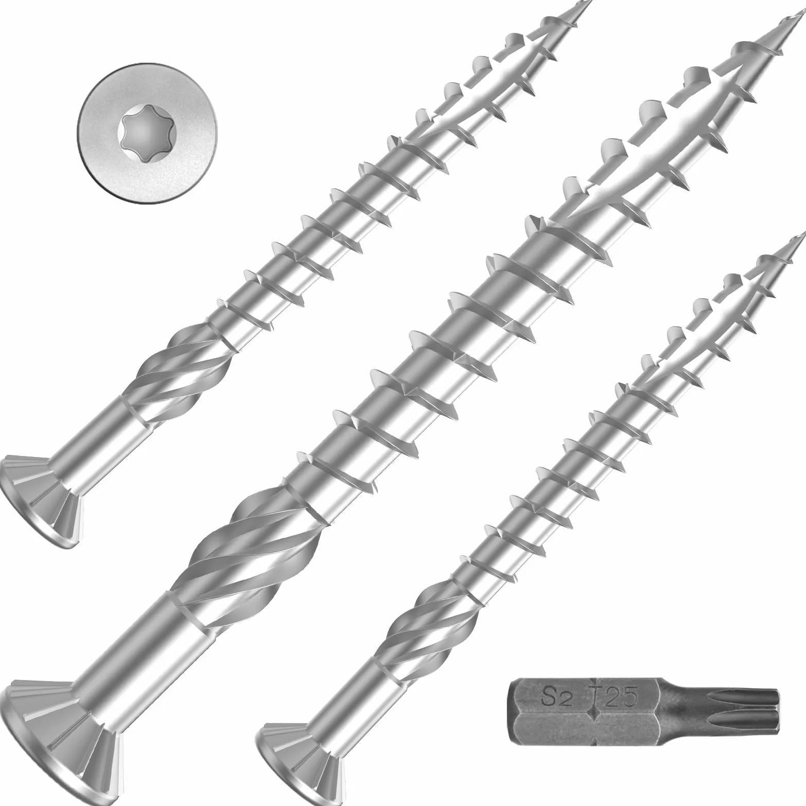 TCO Wkręty tarasowe ze stali nierdzewnej A2 5,0 x 60 mm – 500 sztuk łącznie z bitem S2, TX 25, ozdobna głowica wpuszczana, ząbkowany szlif gwintu, ostrze tnące, wkręty do desek tarasowych do użytku na