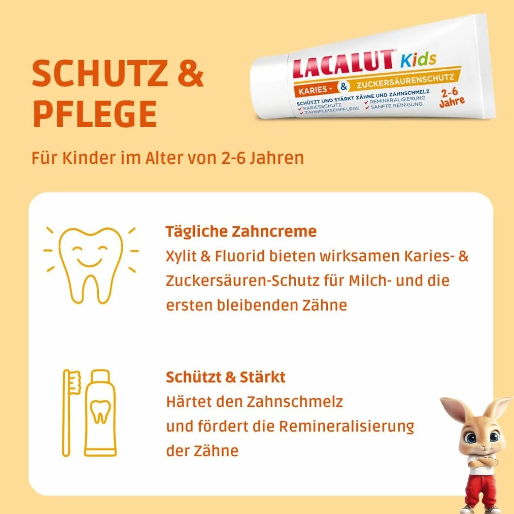 Lacalut Kids 2-6 lat 55 ml – pasta do zębów dla dzieci z wysoce skuteczną ochroną przed próchnicą i kwasem cukrowym – pasta do zębów z technologią 2-fazową i witaminą A+E