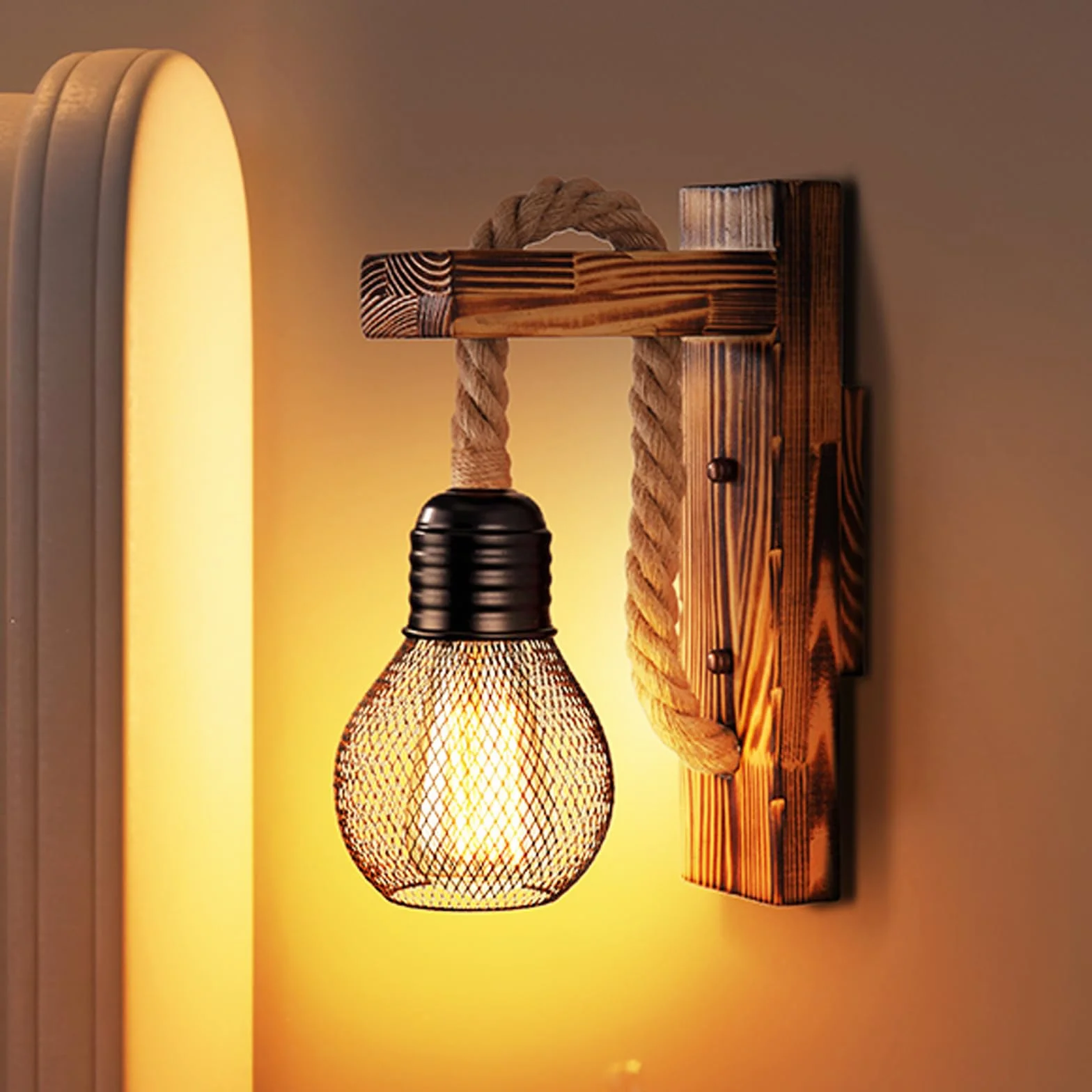 Drewniana lampa ścienna do wnętrz, E27 LED lina konopna, lampa ścienna z kloszem, industrialna lampa ścienna w stylu vintage, lampa ścienna do wnętrz, w stylu retro, do korytarza, sypialni