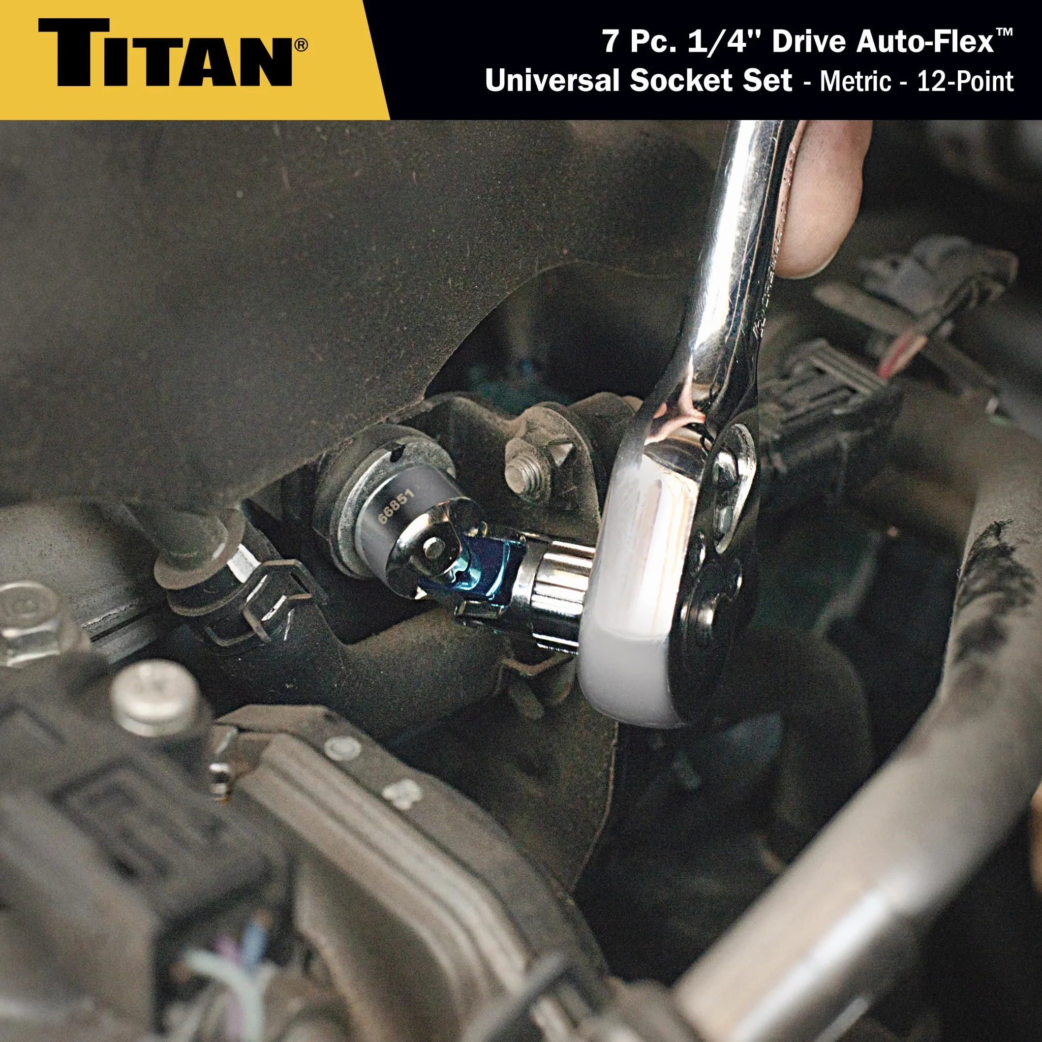 Titan 66840 7-częściowy uniwersalny zestaw nasadek z napędem 1/4-calowym metrycznym Auto Flex