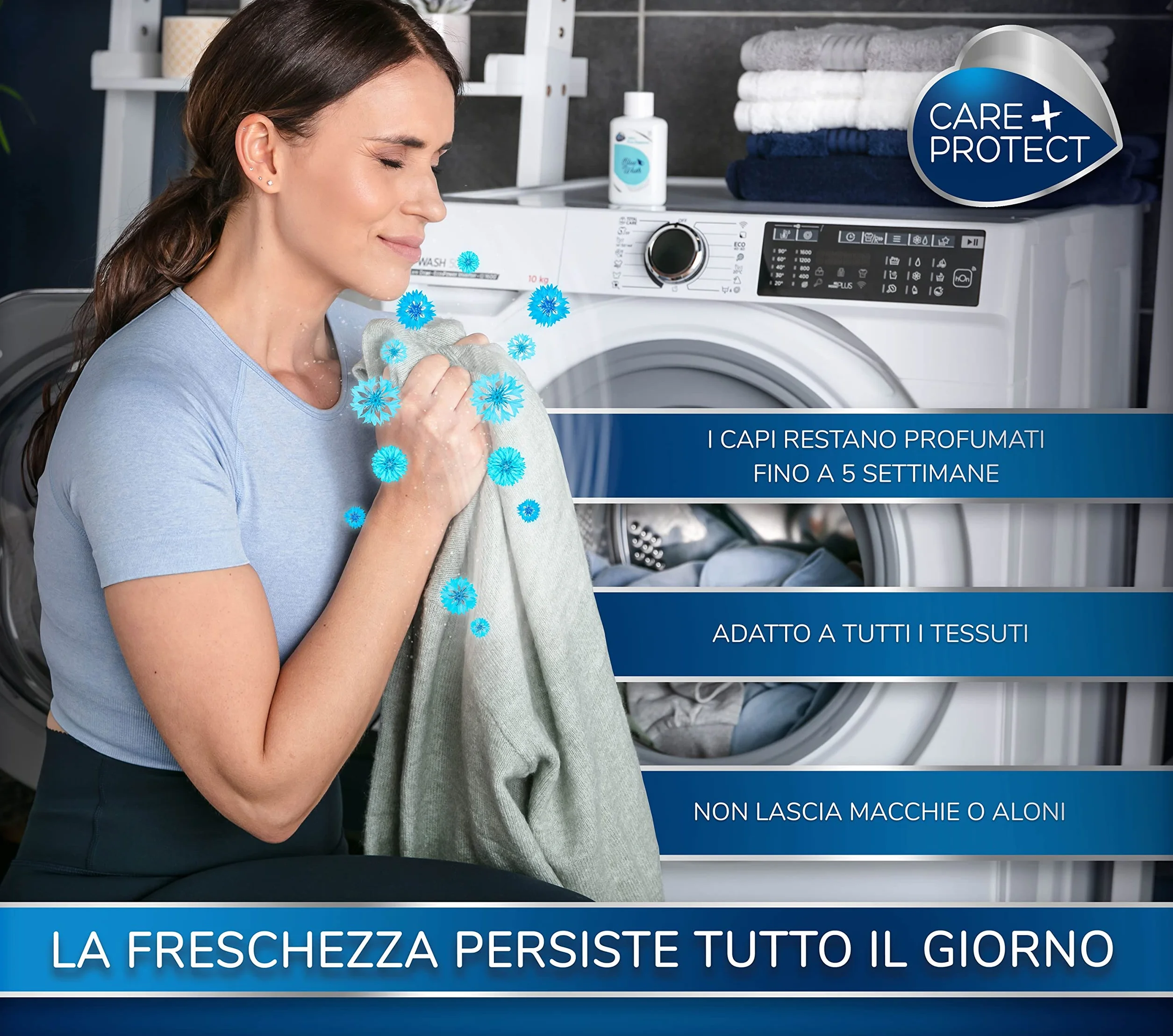 Care + Protect – perfumy do prania Blue Wash do pralki/100% Pure Essence / skoncentrowany zapach prania / uniwersalne zastosowanie / długo działający zapach / 100 ml na ok. 20 cykli prania